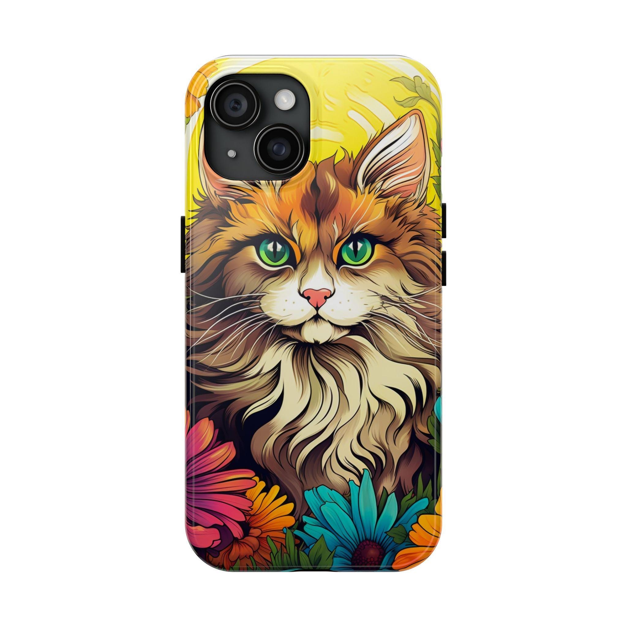 Floral Maine Coon Cat Tough Phone Case | Colorful Kitty, Green Eyes