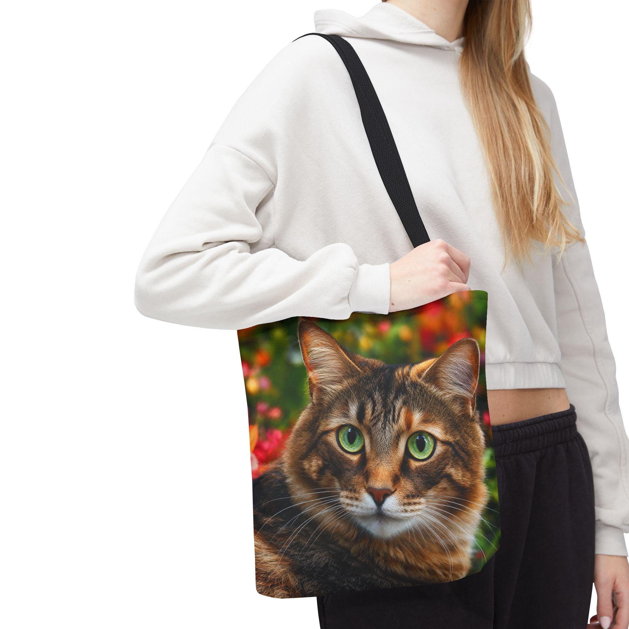 Green-Eyed Tabby Cat Tote Bag | Floral Background