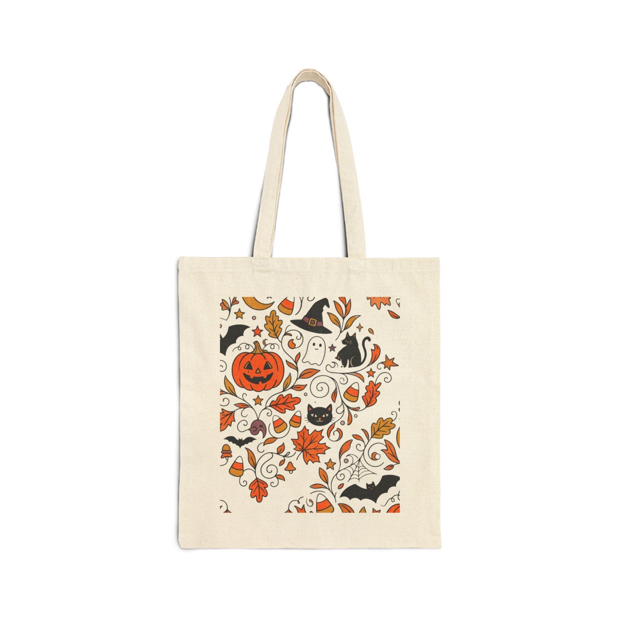 Halloween Pumpkin Cats Tote Bag | Spooky Bat Ghosts Canvas Tote
