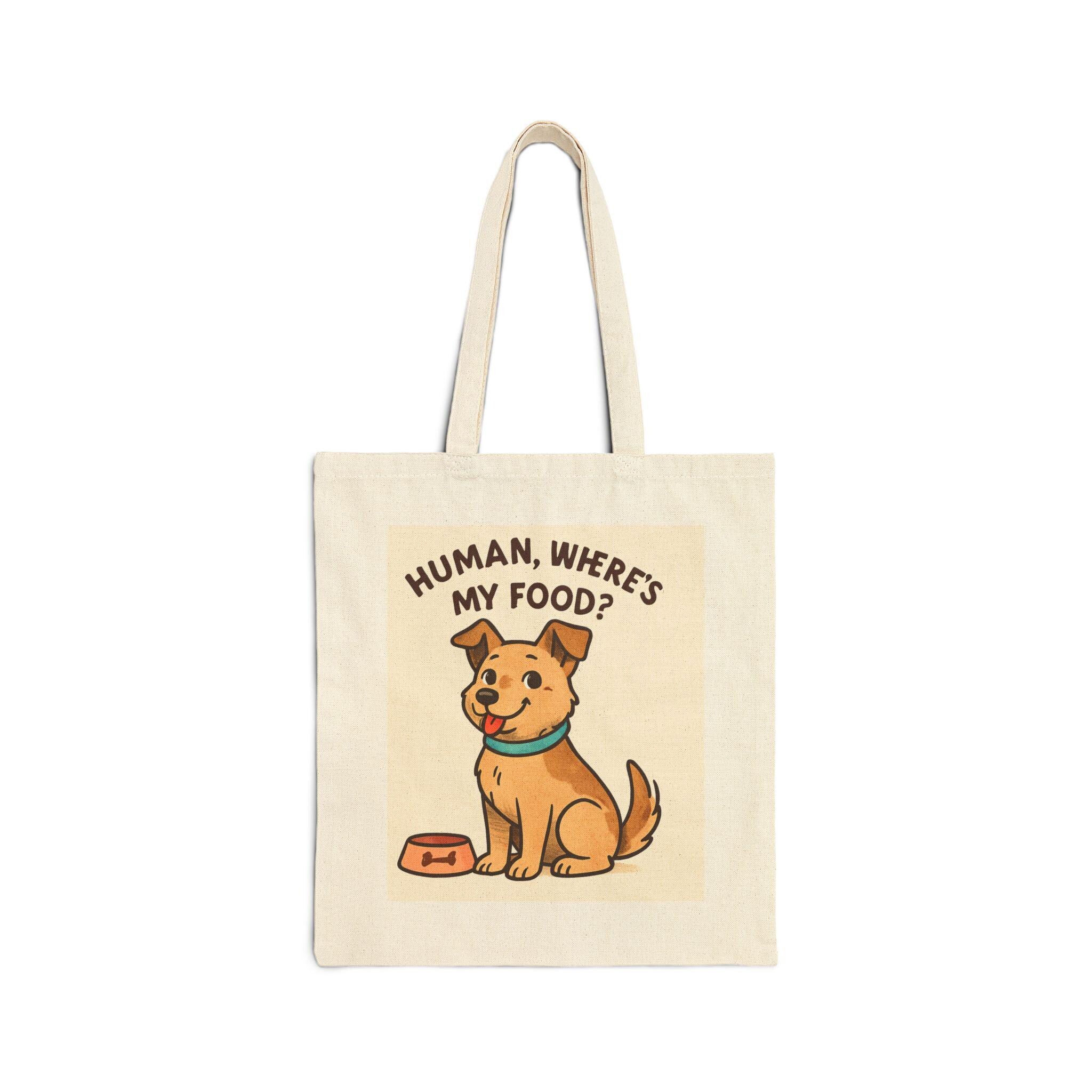 Human Where's My Food? Dog Illustration Tote Bag | Canvas Grocery Shopper