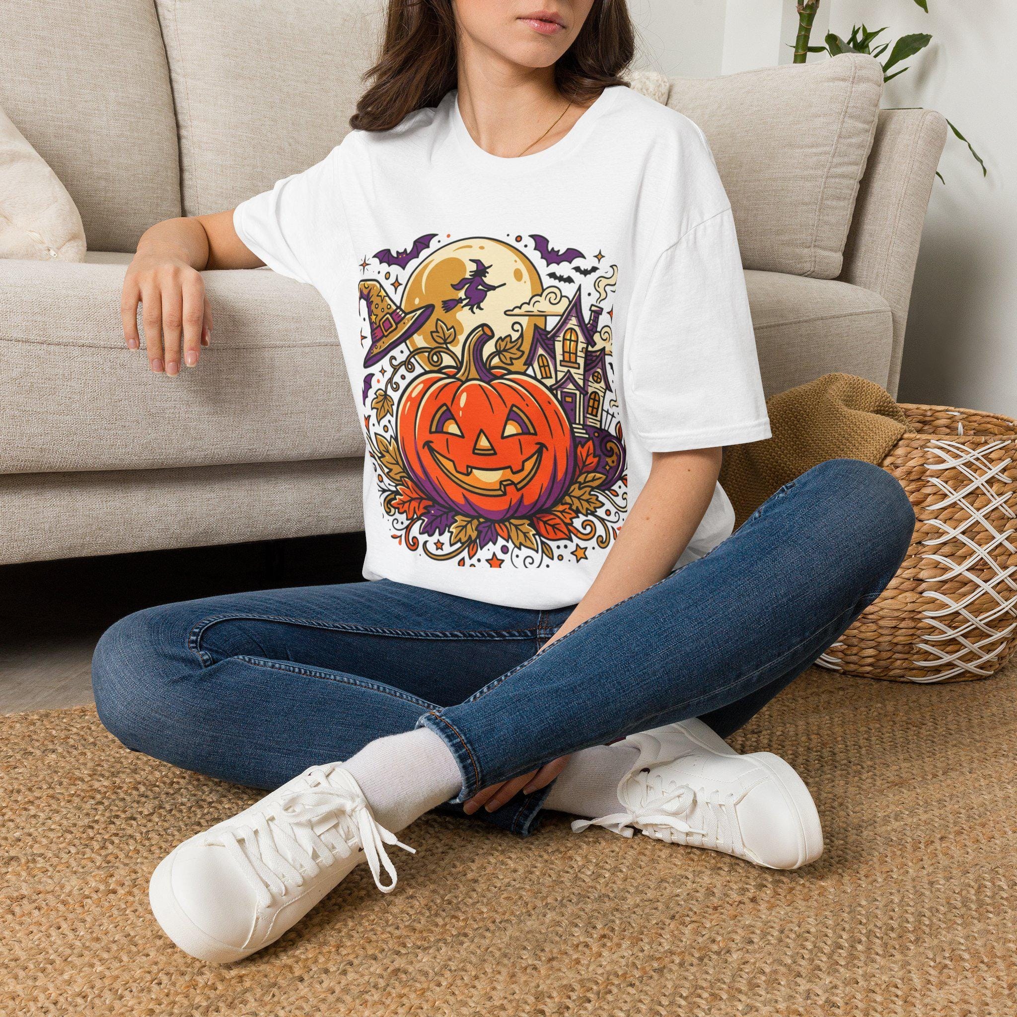 Jack-o'-Lantern Pumpkin T-Shirt | Halloween Haunted House, Witch Flying