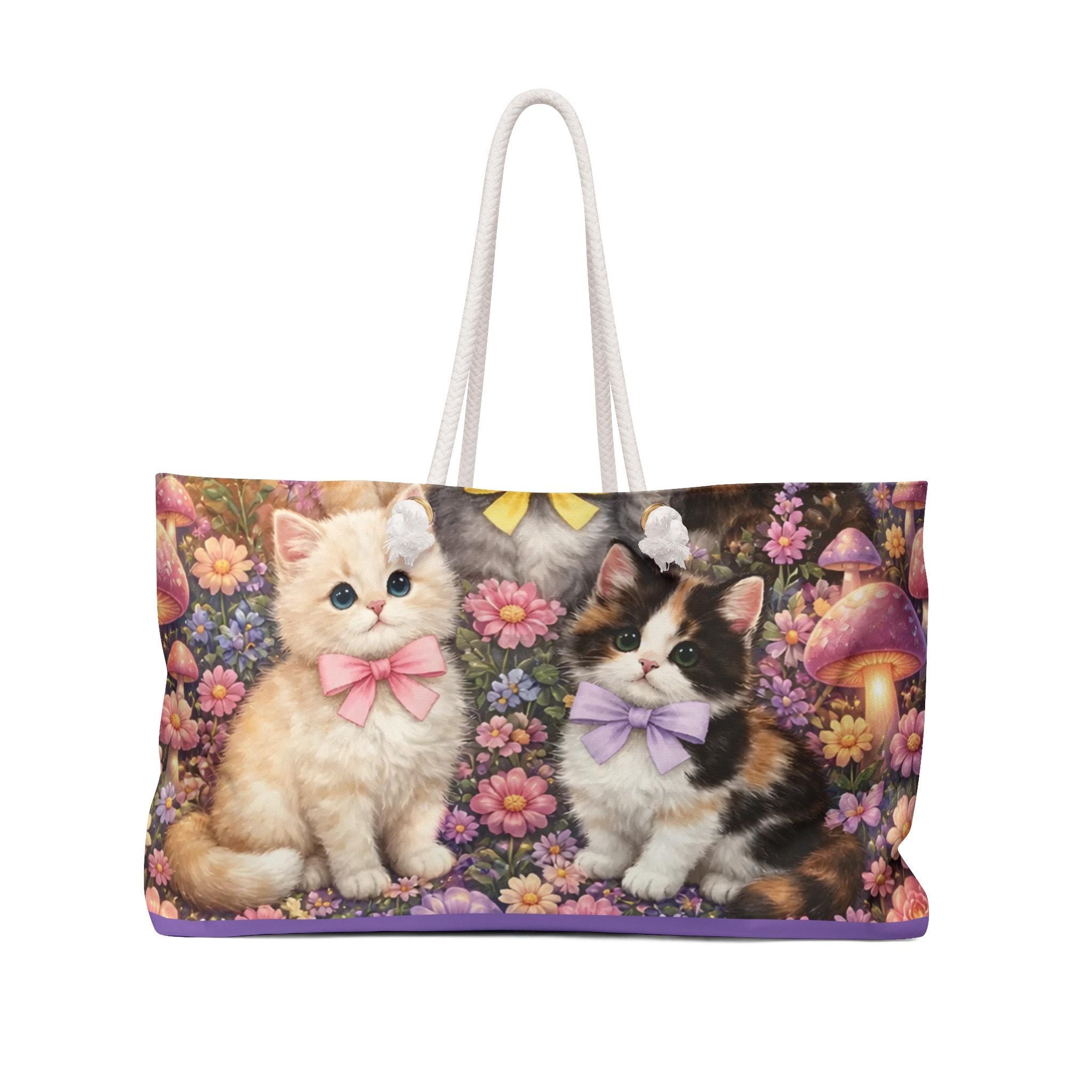 Kawaii Bow Kitten Weekender Bag | Floral Mushroom Cute Cat Tote