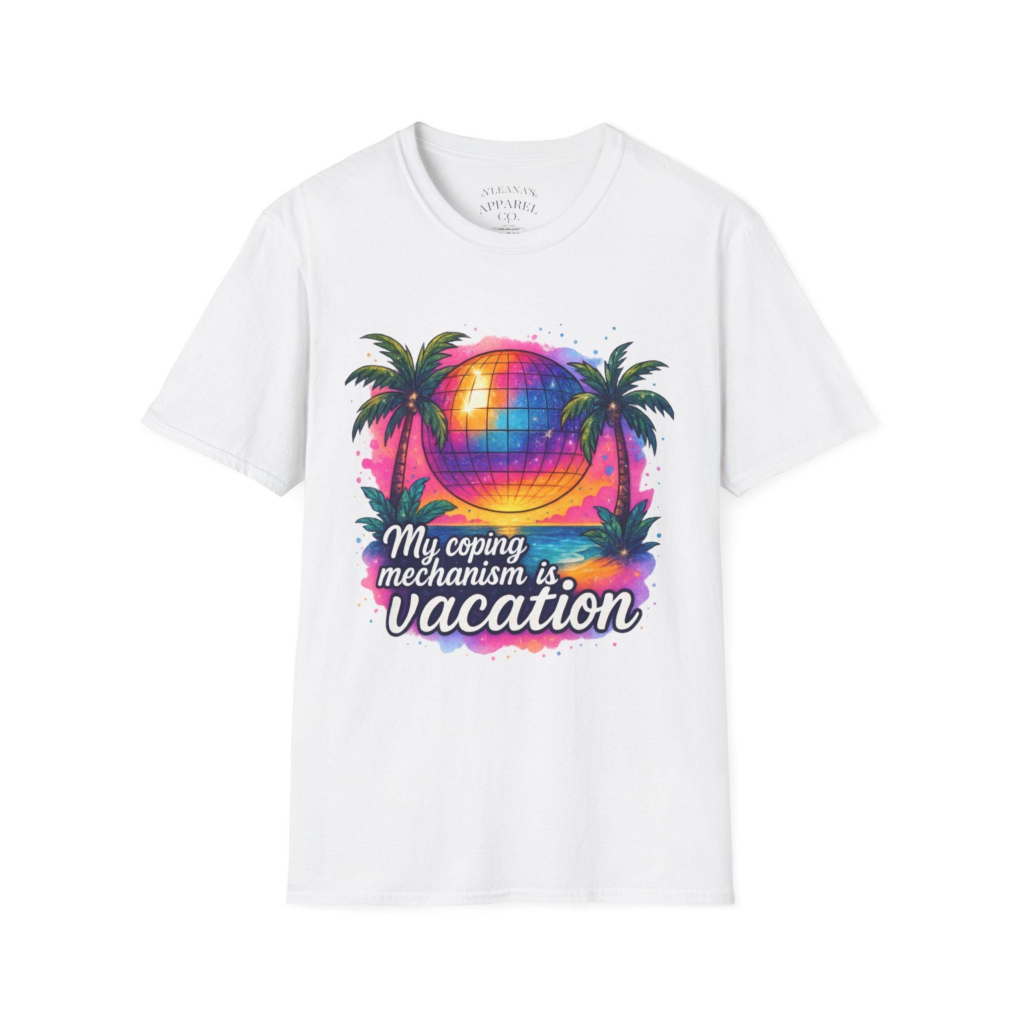 My Coping Mechanism Is Vacation T-Shirt | Rainbow Disco Palm Tree Tee