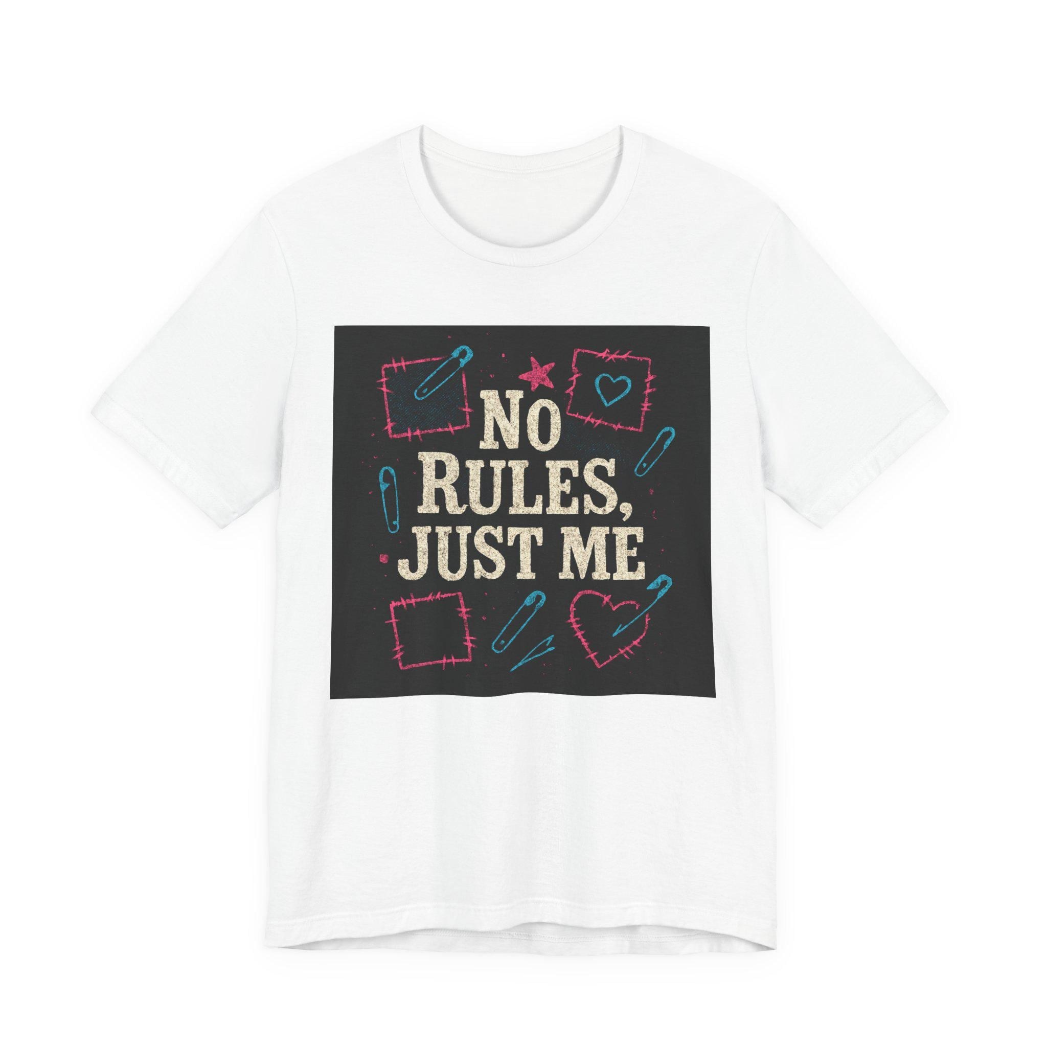 No Rules Just Me T-shirt | Rebellious Typography, Doodle Hearts & Pins