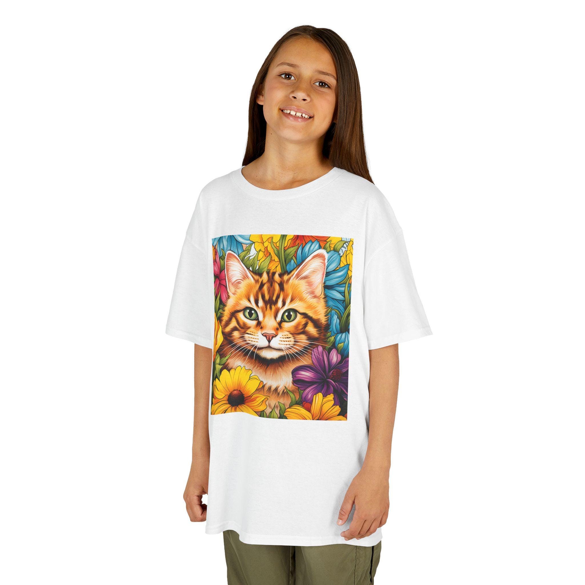 Orange Tabby Cat in Flowers Kids T-Shirt | Cute Kitten Floral Tee