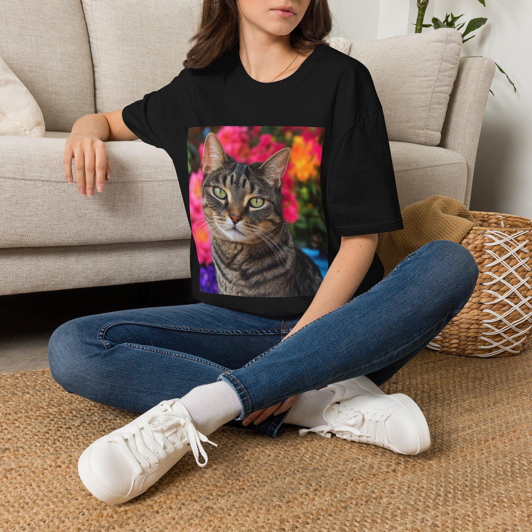 Personalizable Tabby Cat Portrait T-Shirt | Realistic Cat Photo, Floral Background