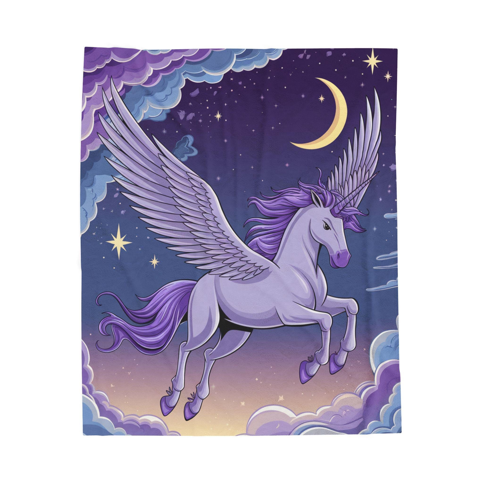 Purple Pegasus Night Sky Velveteen Blanket | Flying Unicorn Moon Stars