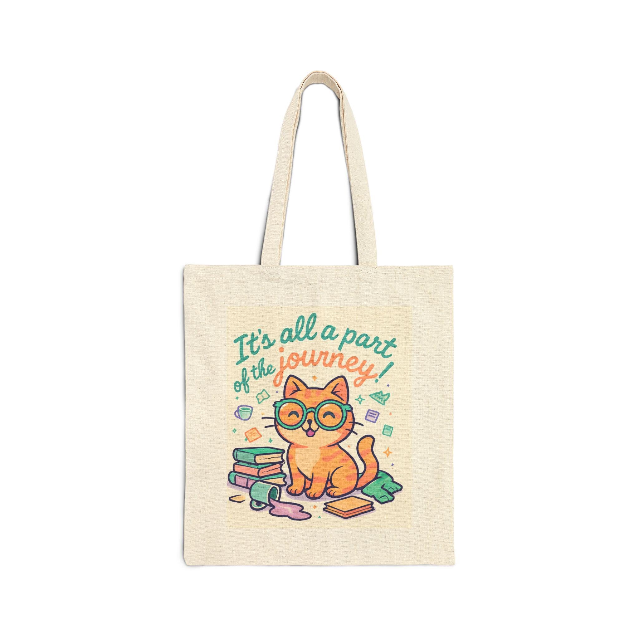 Reading Cat Illustration Tote Bag | "It's all a part of the journey" book stack design
