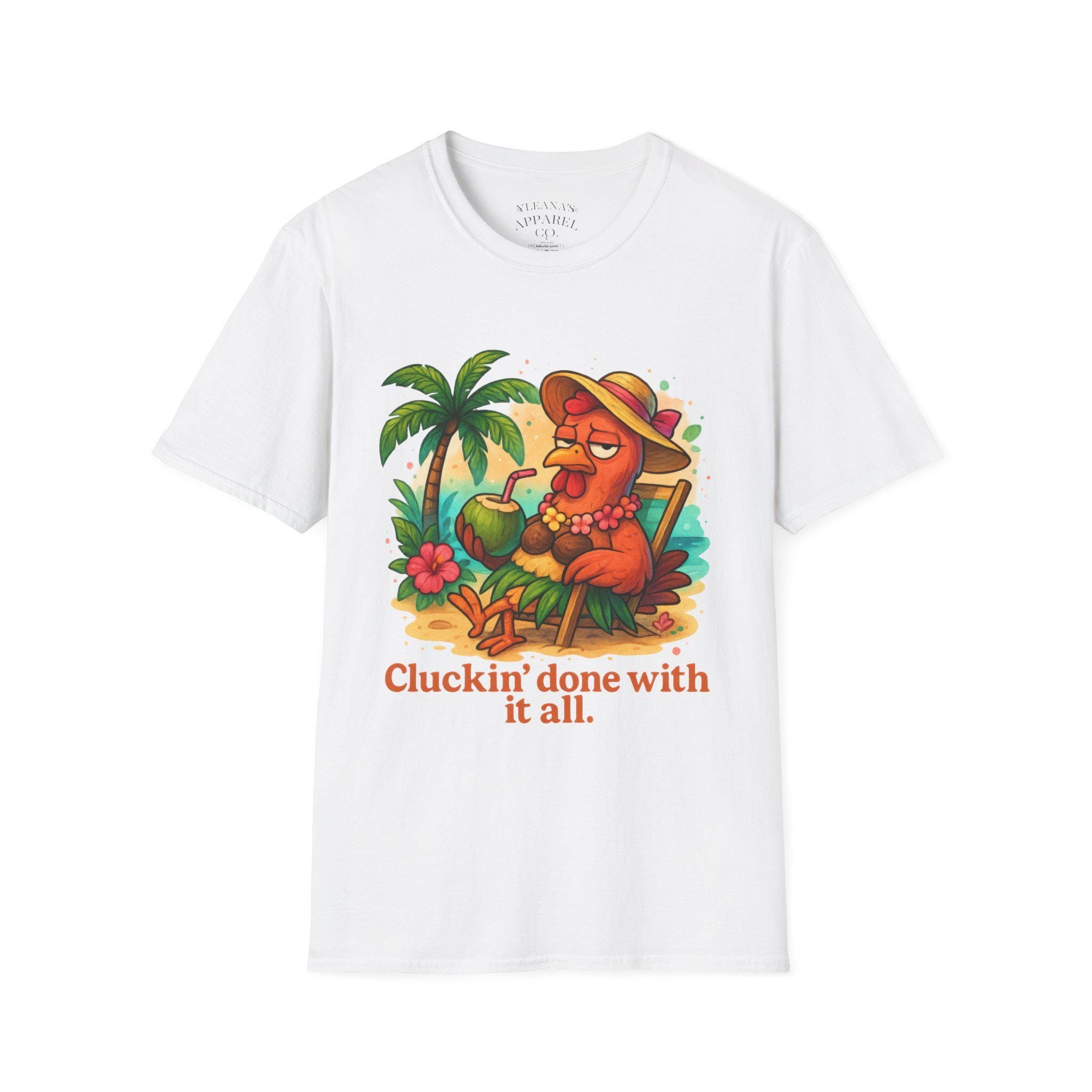 Relaxed Chicken on Vacation T-Shirt | Tropical Palm, Coconut Drink, 'Cluckin' Done' Design