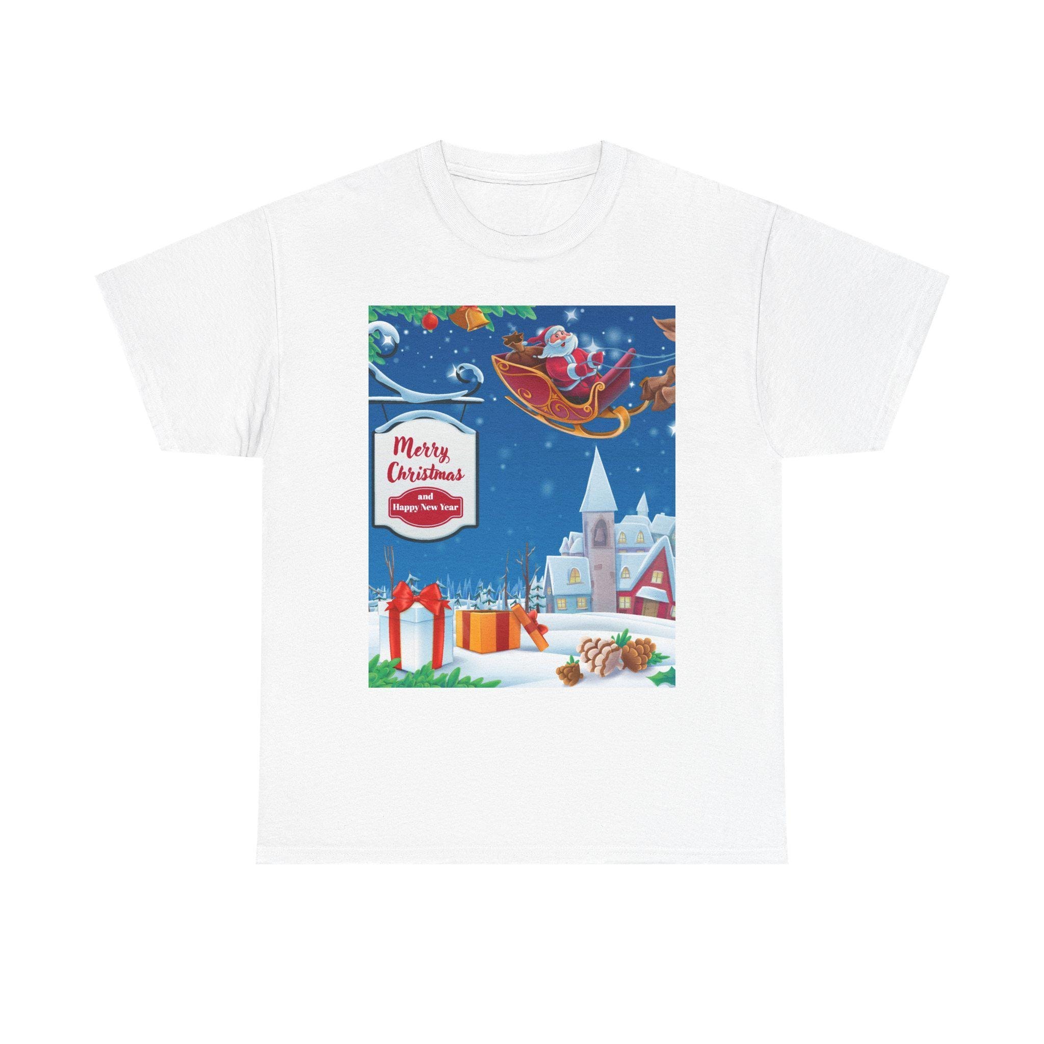 Santa Sleigh Night Christmas T-Shirt | Snowy Village Holiday Illustration