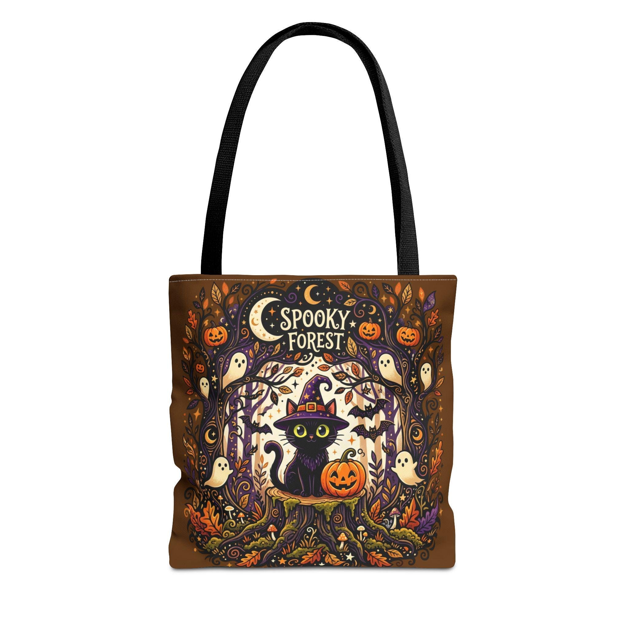 Spooky Forest Cat Tote | Halloween Pumpkin Ghosts All-Over Print