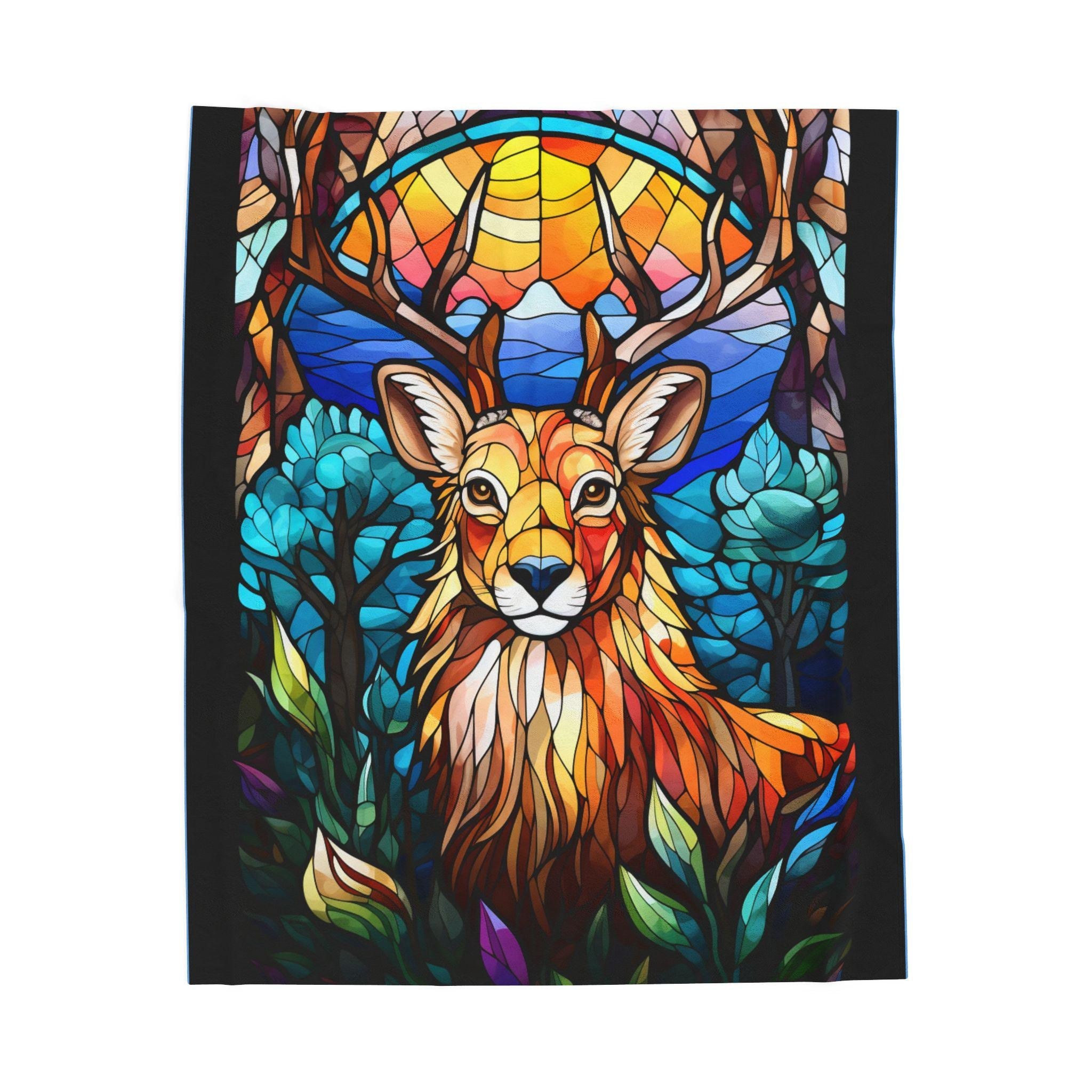 Stained Glass Deer Velveteen Plush Blanket | Colorful Woodland Stag Throw