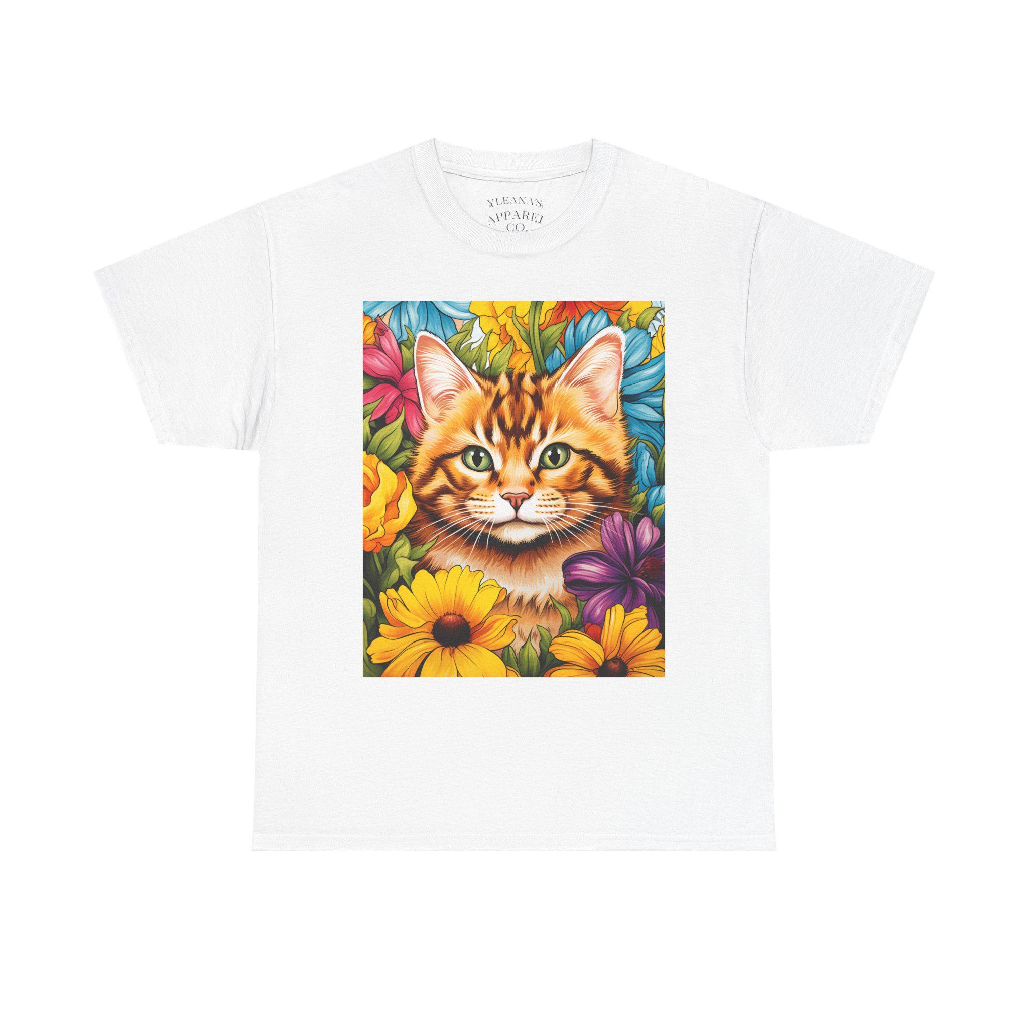 Tabby Cat Portrait T-Shirt | Floral Sunflower Garden Illustration