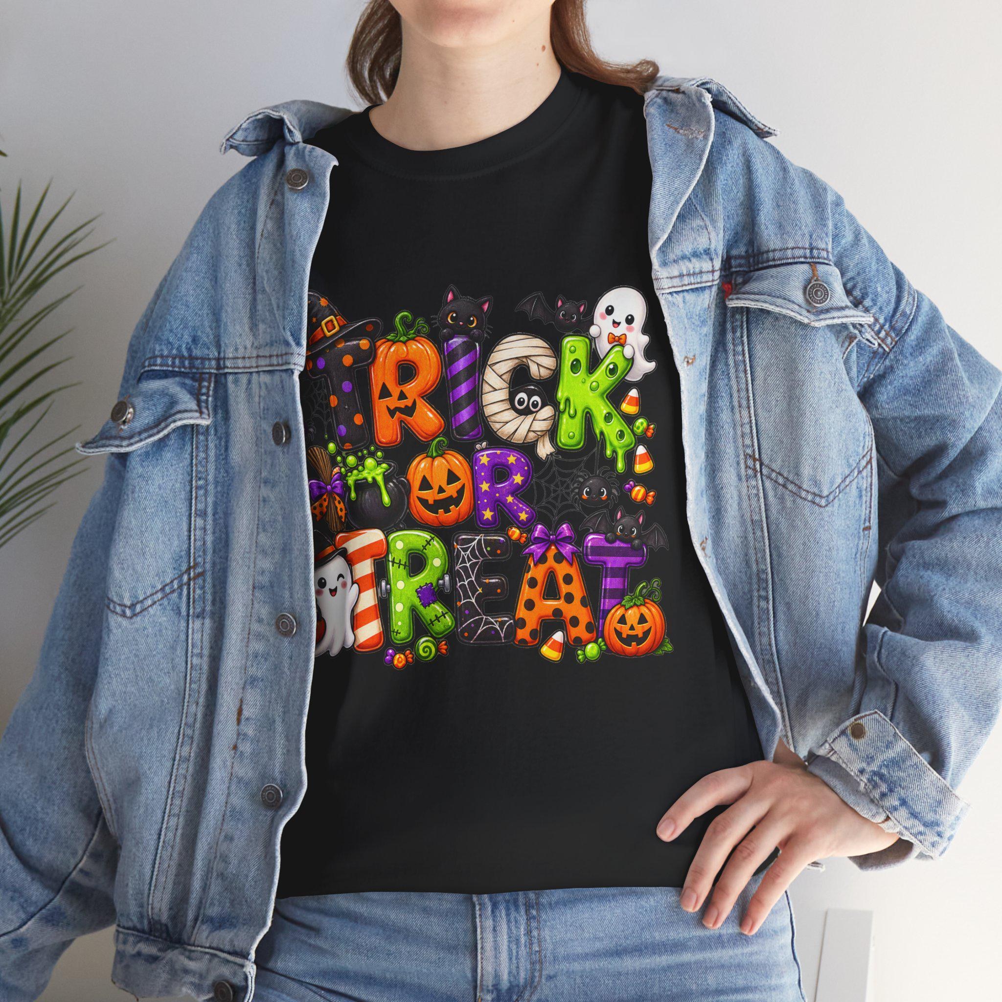 Trick or Treat Halloween Tee | Pumpkin Ghosts, Bats & Candy, Bright and Colorful Halloween Gift, Comfortable Short Sleeve T-shirt