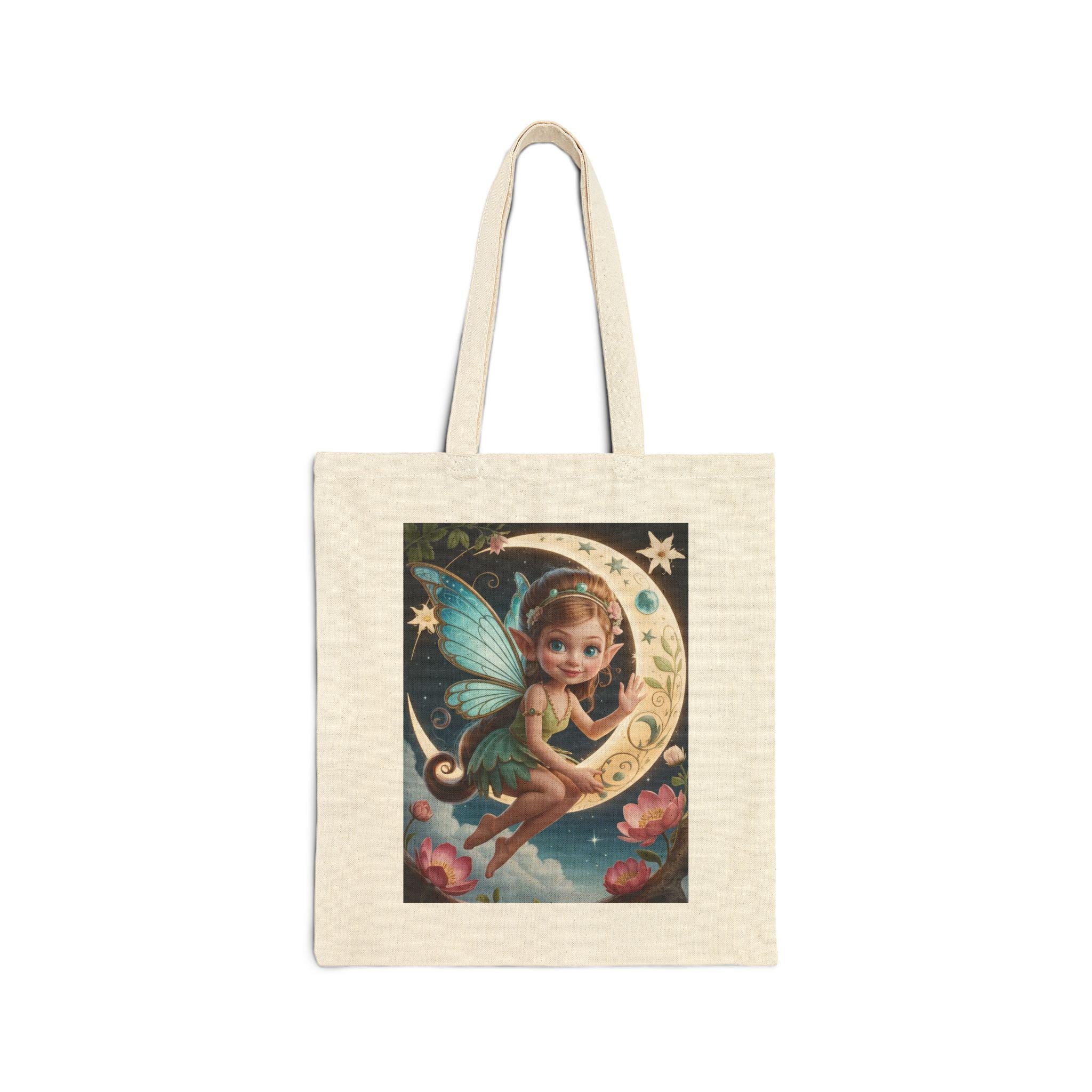 Vintage Fairy on Moon tote bag | whimsical fairy illustration, floral night scene