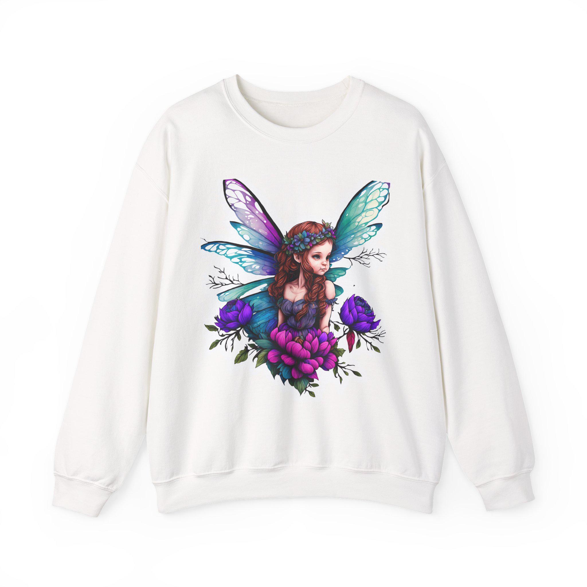 Watercolor Fairy with Purple Flowers Sweatshirt | Fantasy Winged Girl
