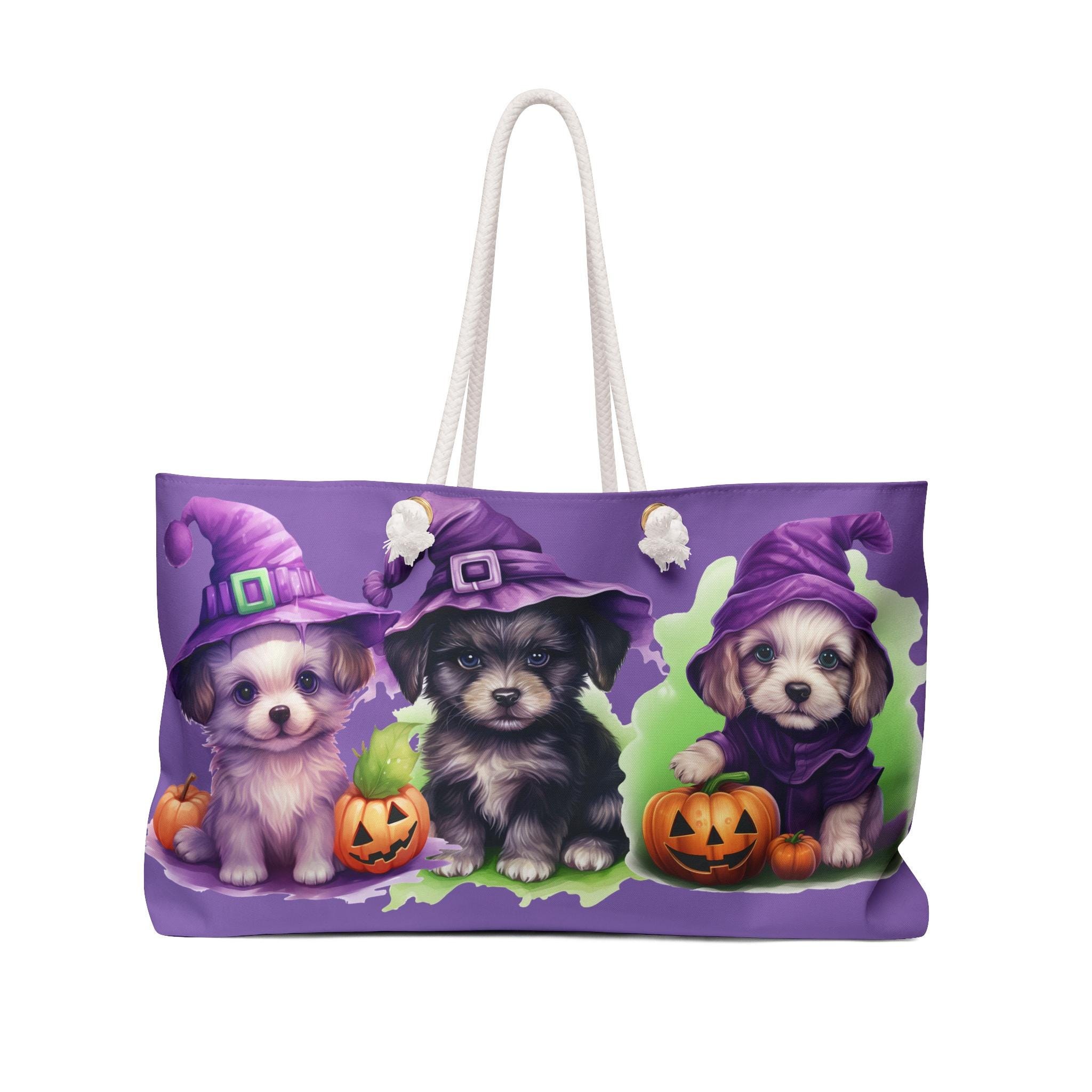 Witch Puppy Trio Weekender Bag | Halloween Pumpkins, Purple Witch Hats