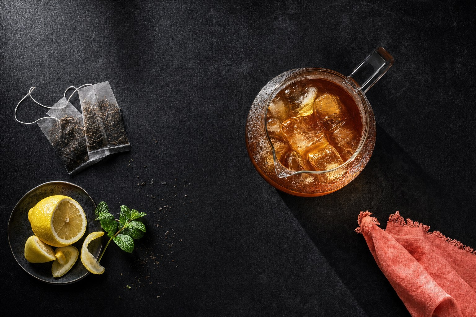 Iced tea in a glass pitcher with lemons and tea bags