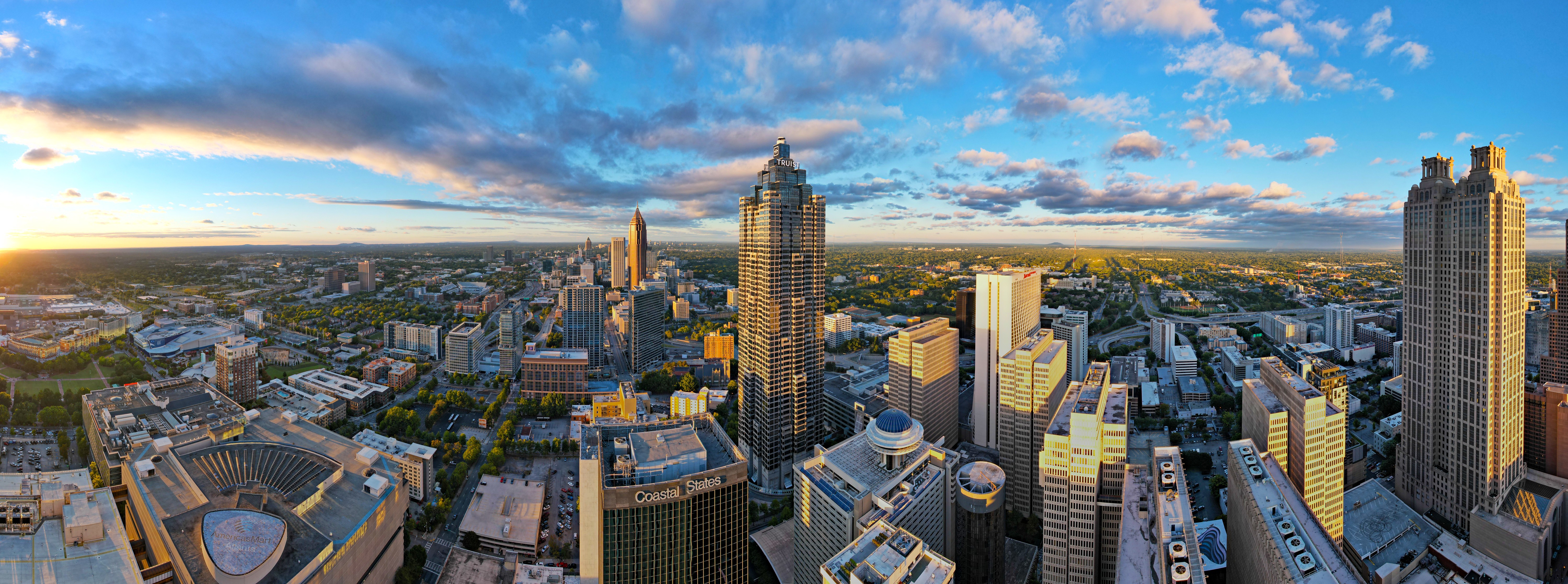 Panoramic view of the Atlanta skyline at sunset