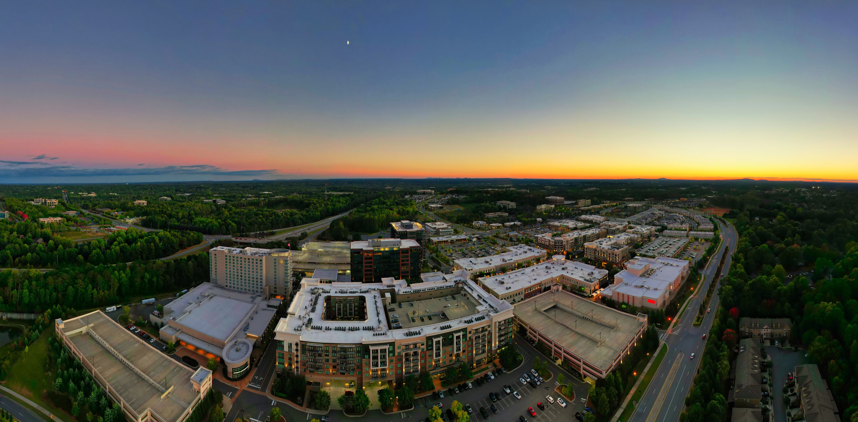 Aerial panorama of Avalon in Alpharetta at sunset