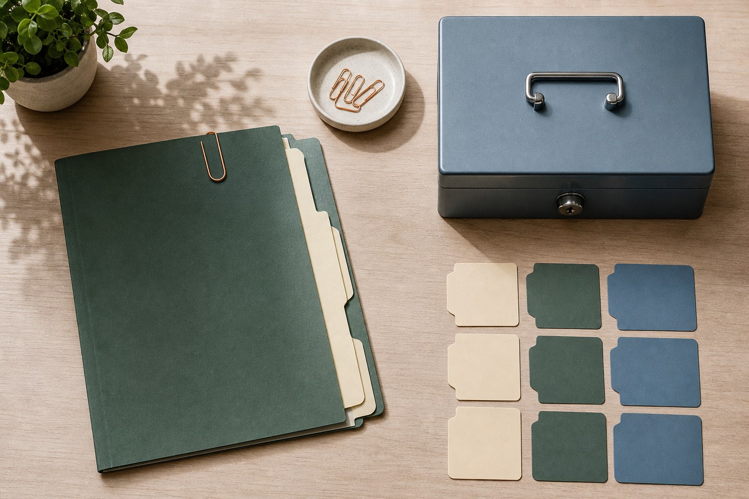File folder, secure document box, and color-coded information tabs