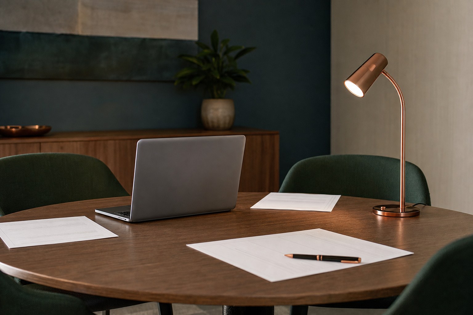 Meeting table set for a careful review of a new business tool