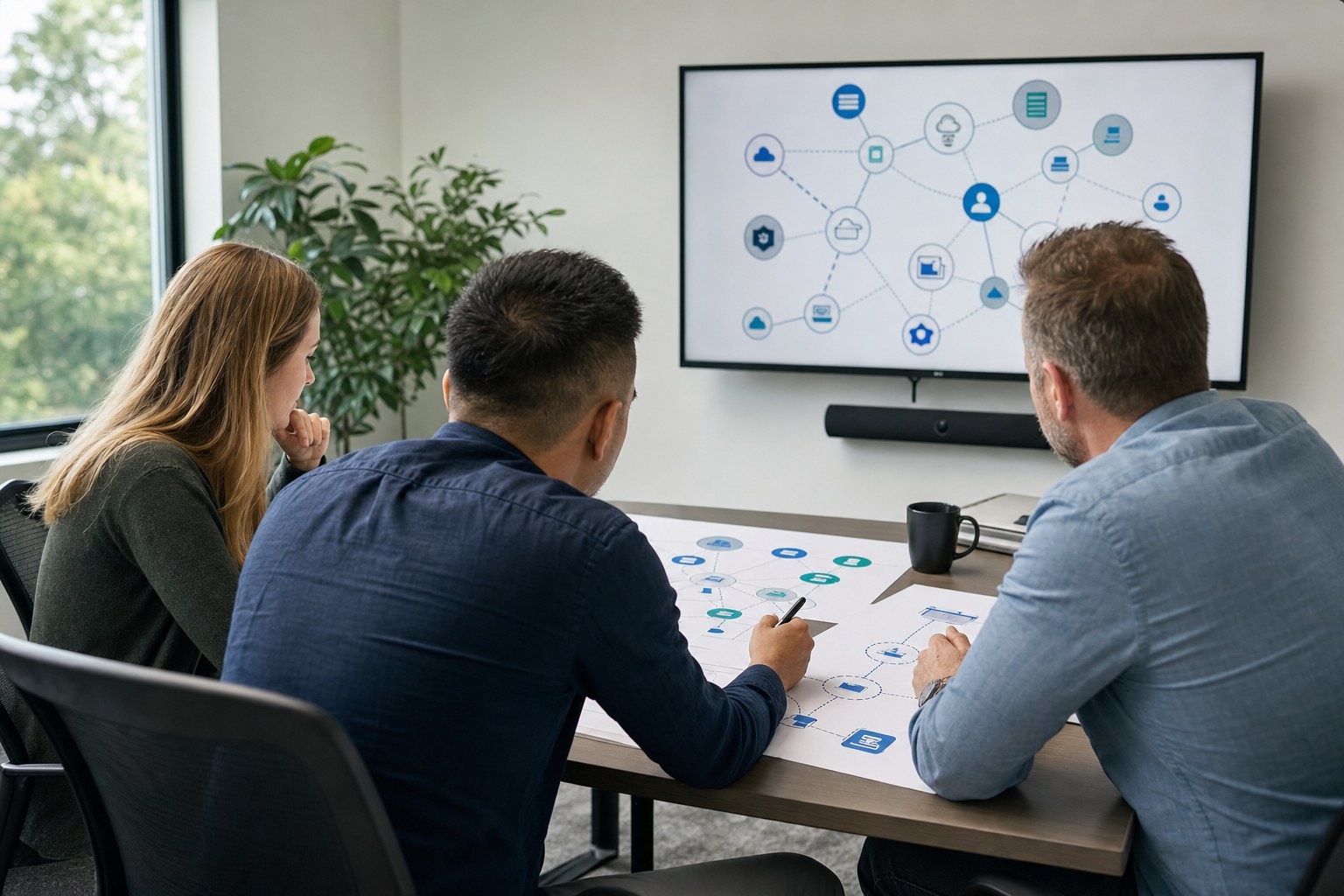 Business team reviewing connections and access for a new software tool