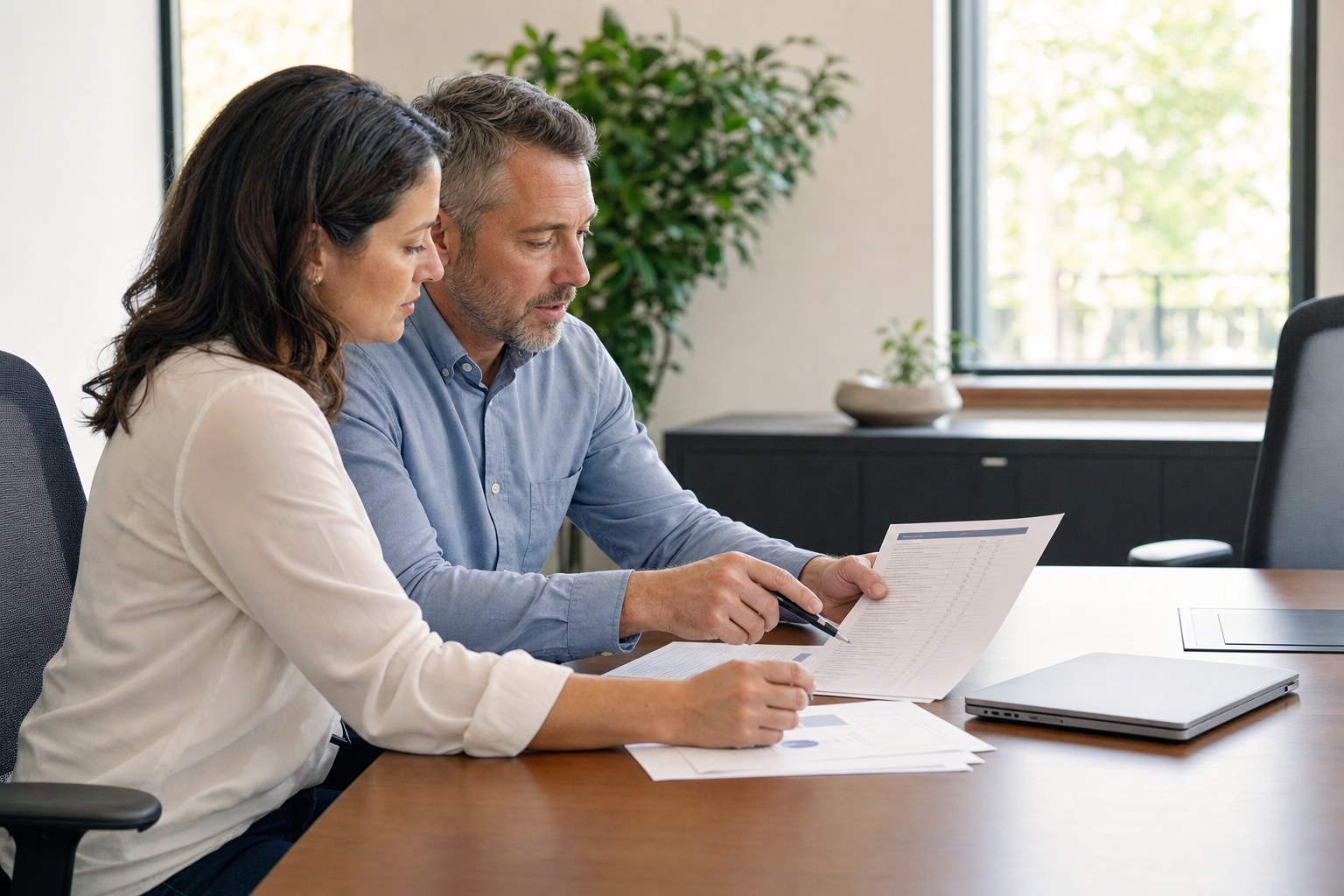 Business owner and advisor reviewing an AI tool assessment