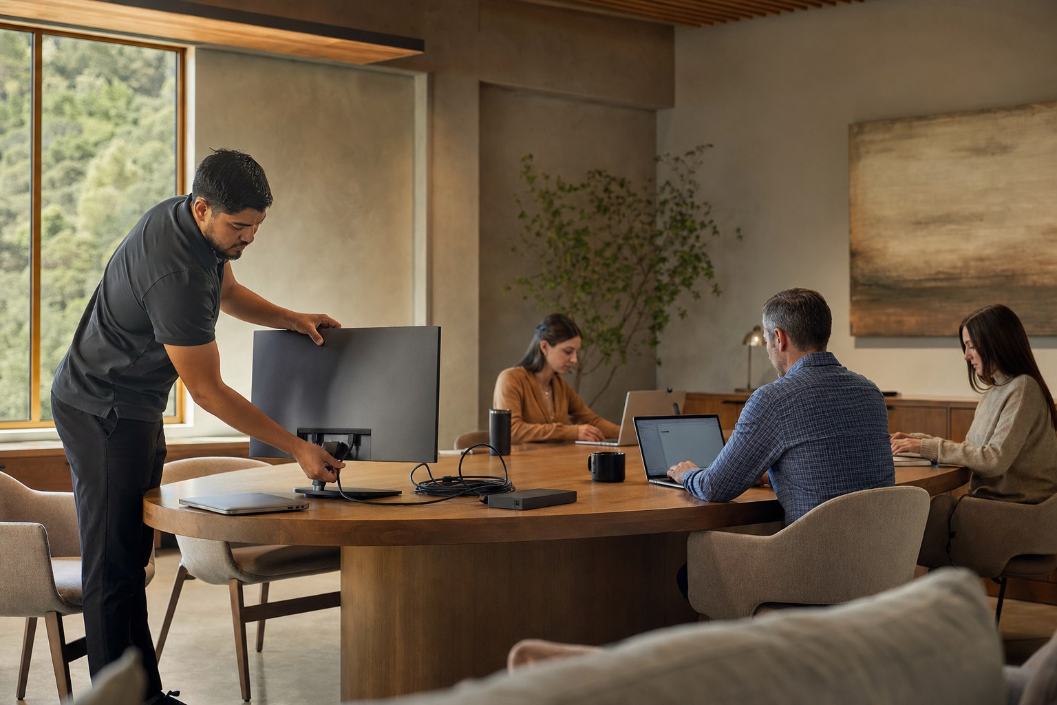 A business team working calmly while IT systems are supported