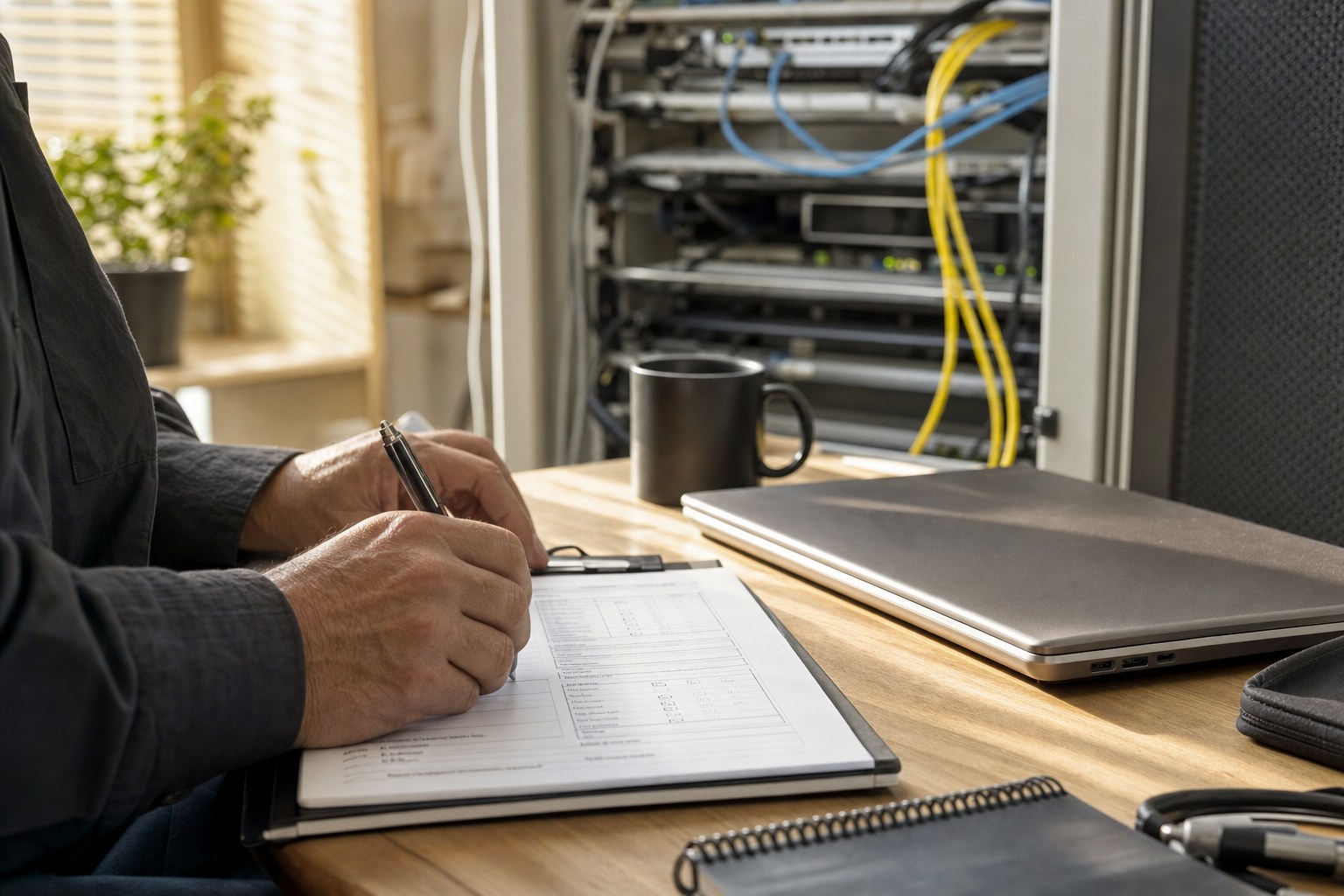 A technician documenting a systems review near network equipment