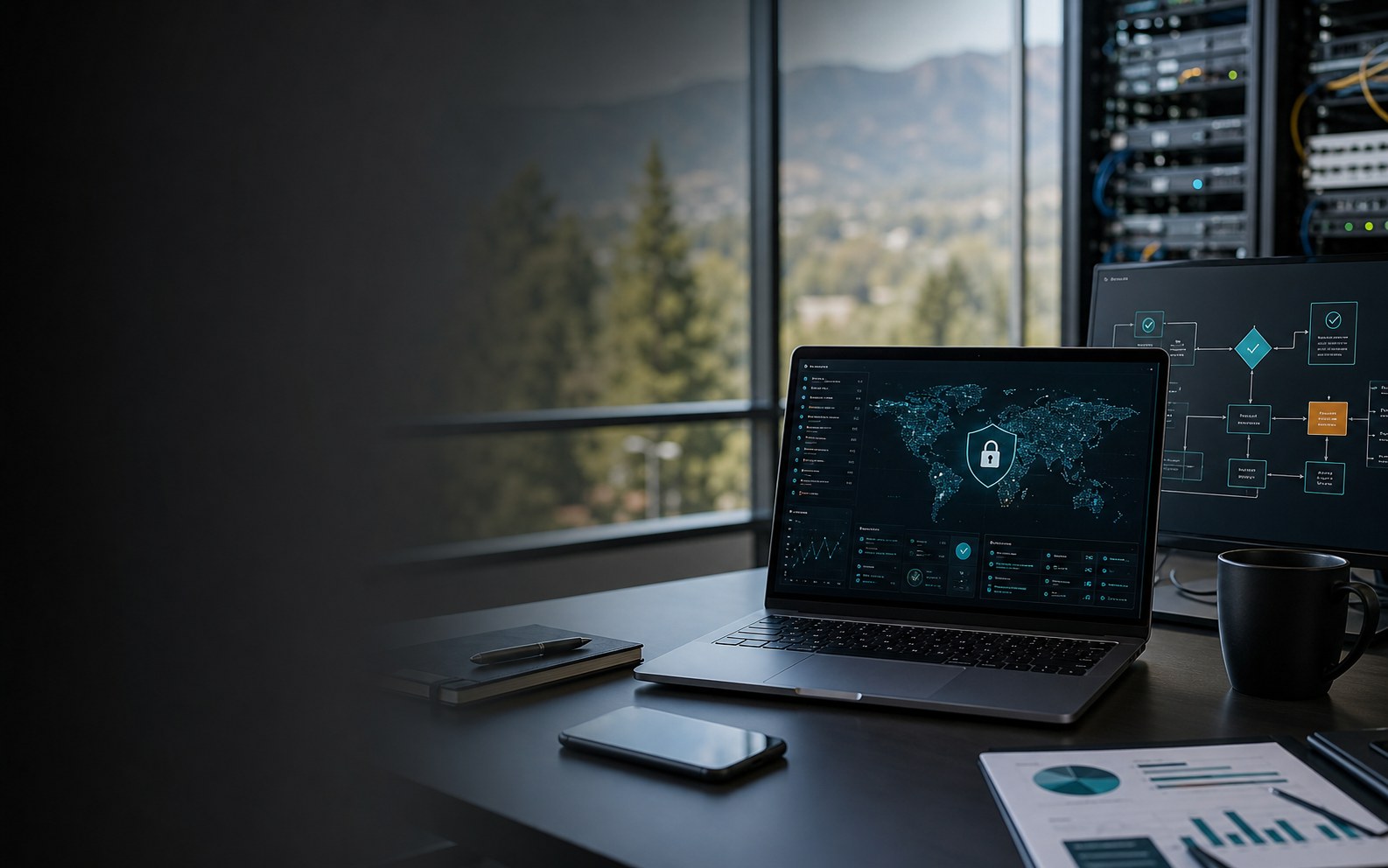 Secure AI governance workspace with cybersecurity monitoring
