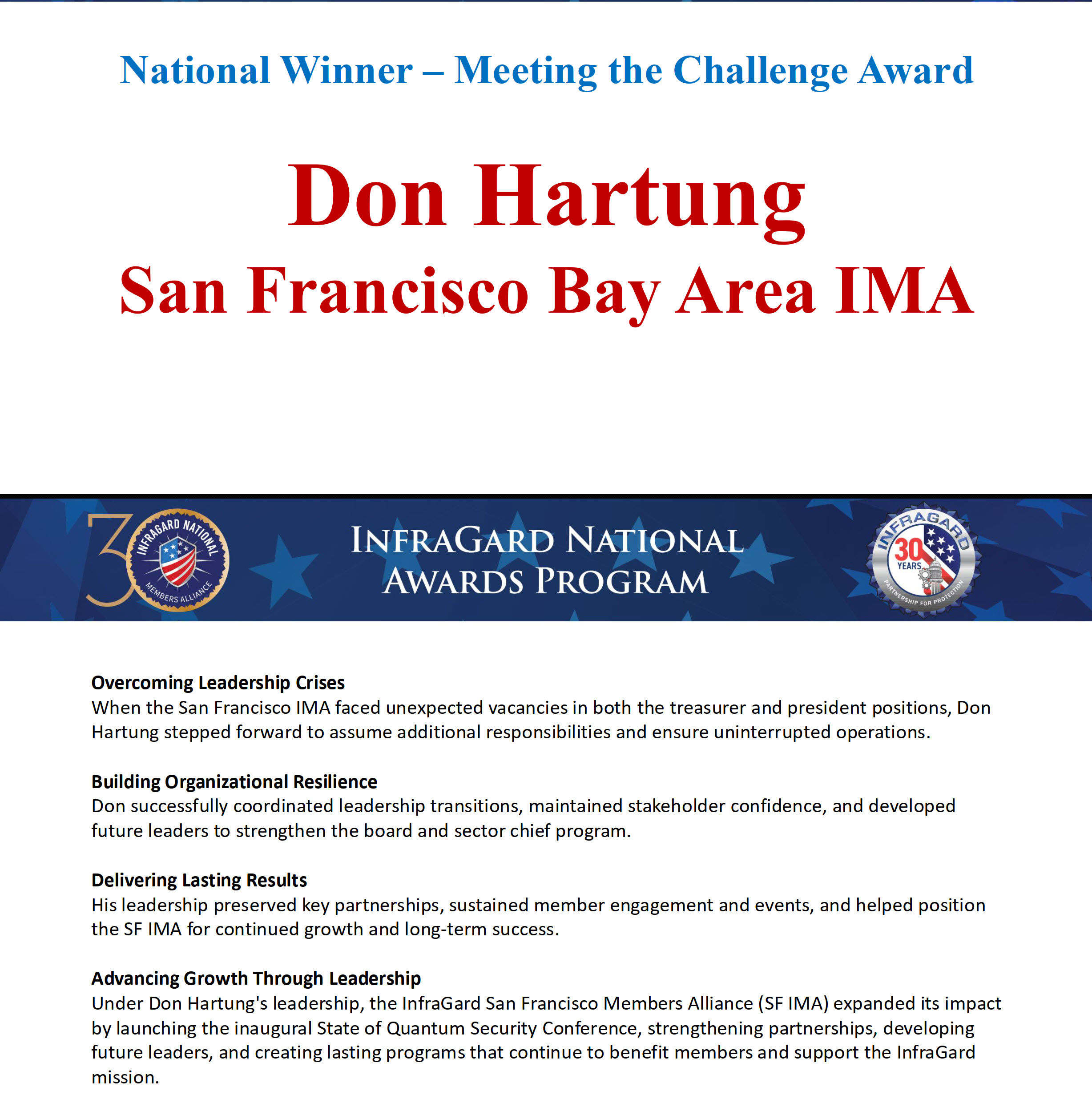 Award citation naming Don Hartung of the San Francisco Bay Area IMA as national winner of the Meeting the Challenge Award