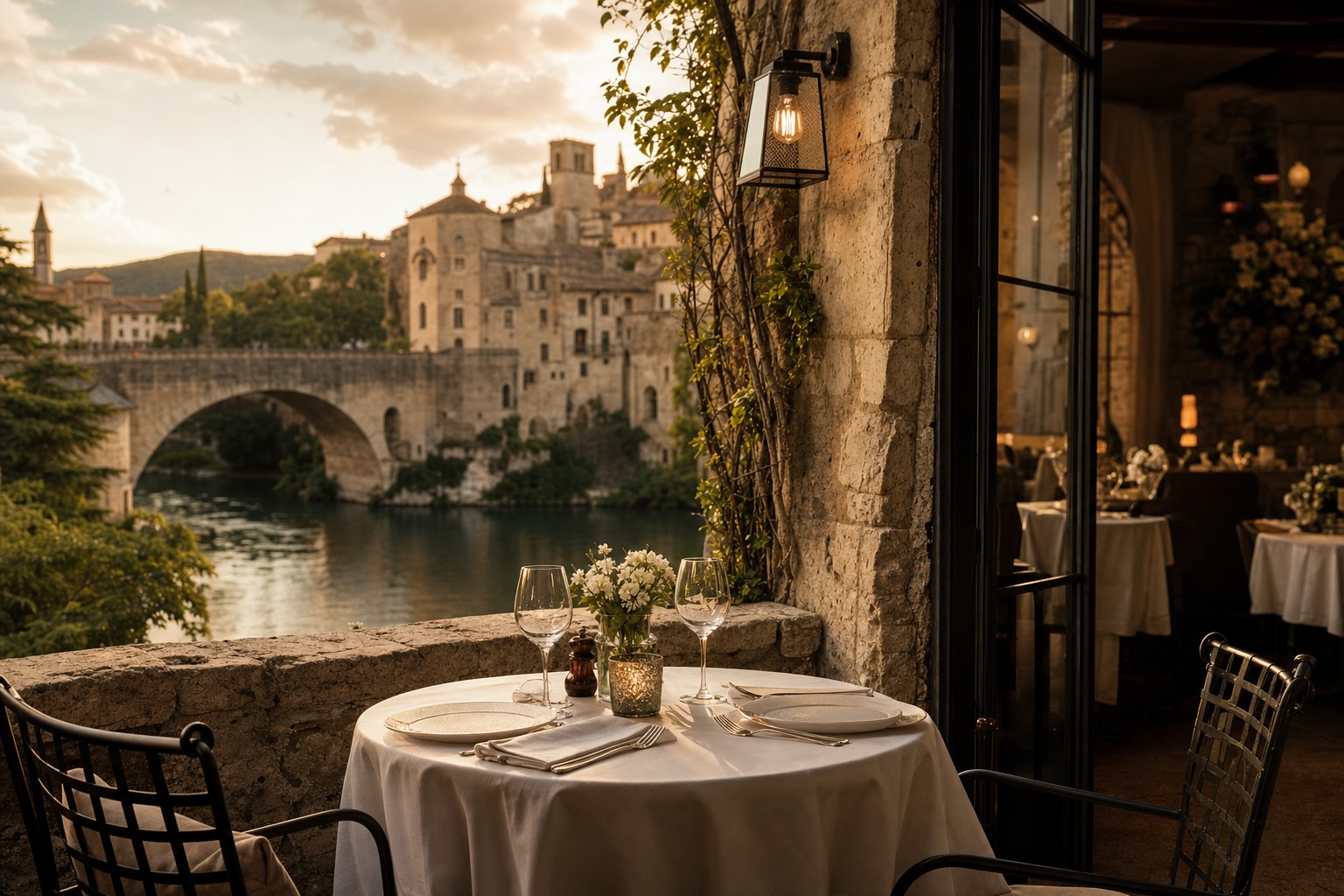 A warmly set table on a riverside cafe terrace in a historic European town