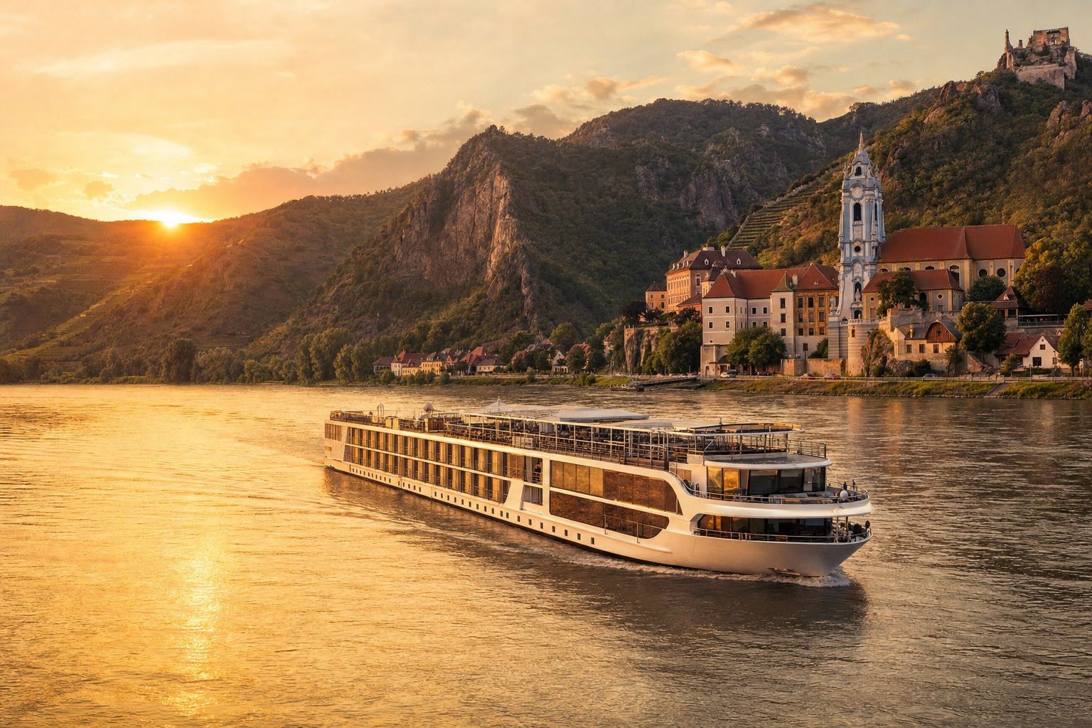 River cruise ship sailing past a historic European riverside village at sunset