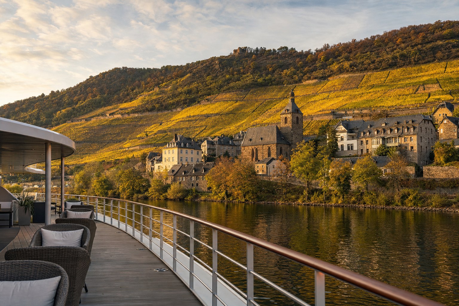 European river cruise deck overlooking a vineyard-lined riverside village in autumn
