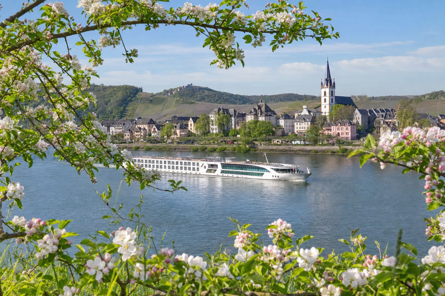 River cruise ship sailing past a springtime European town framed by apple blossoms