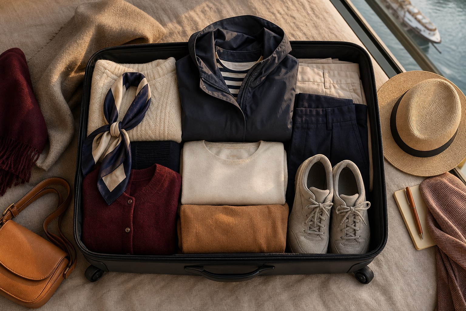 A neatly packed carry-on suitcase with versatile layers and walking shoes