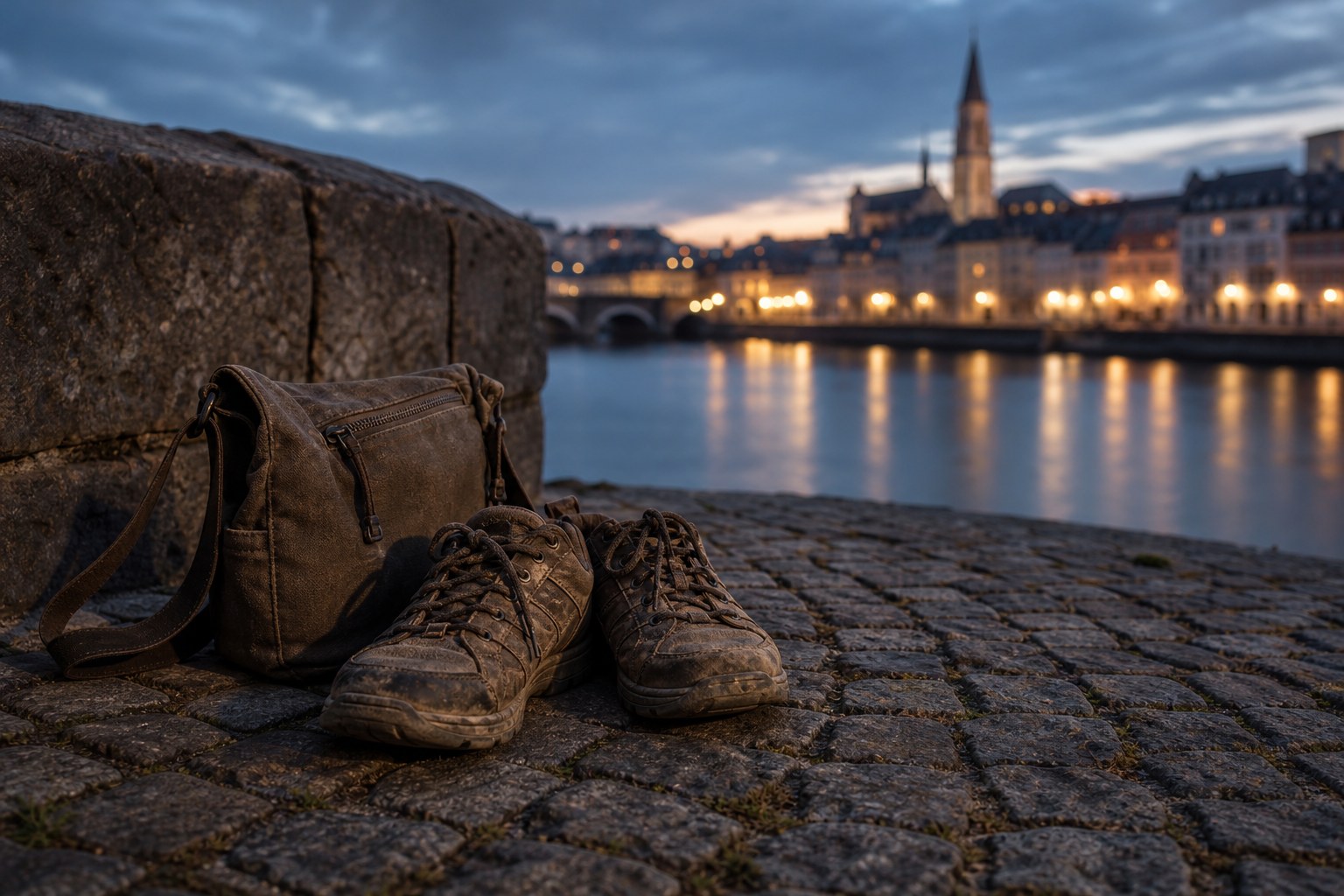 Comfortable walking shoes and a day bag on cobblestones beside a European river at dusk