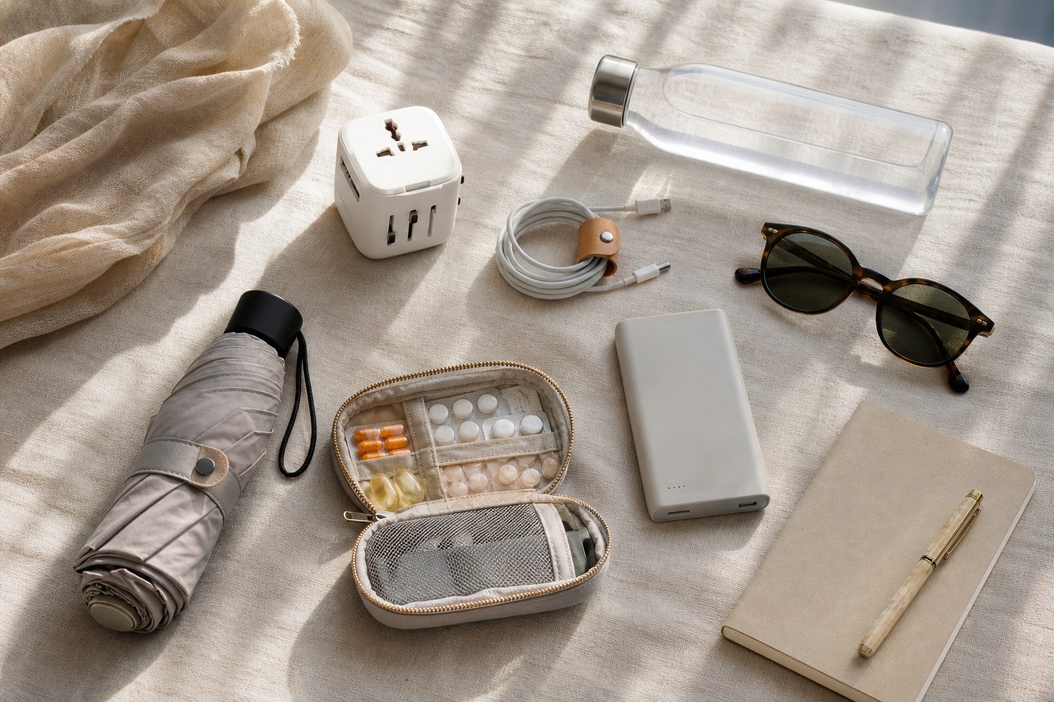 Travel essentials including an adapter, charger, umbrella, sunglasses and portable battery