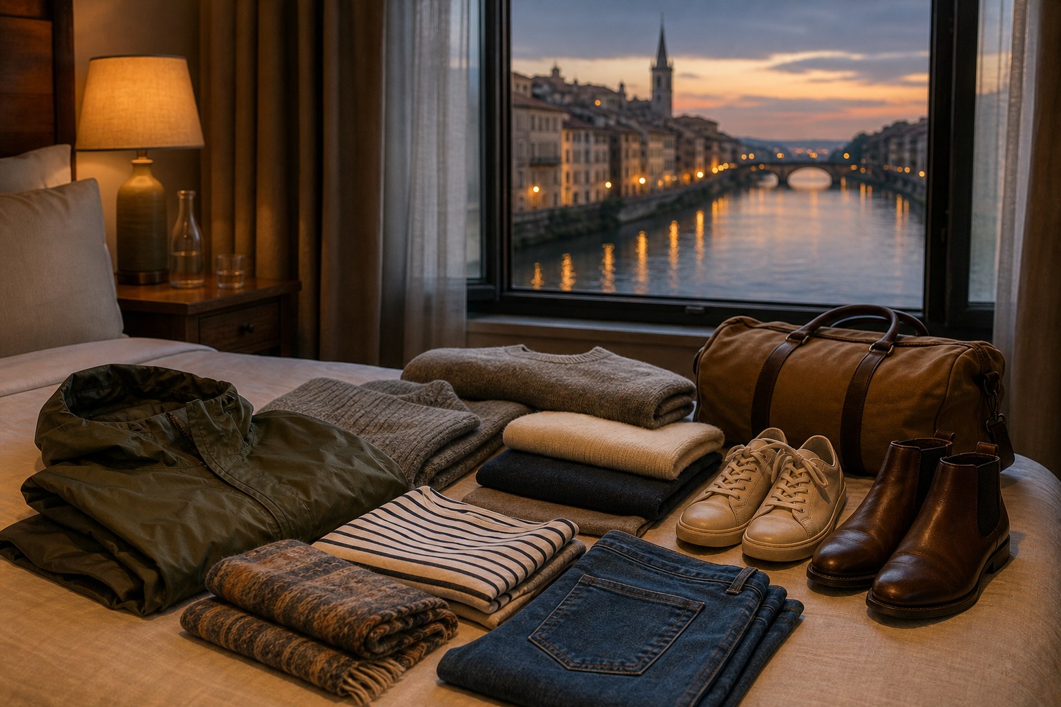 Versatile layers and comfortable shoes arranged for travel beside an evening river view