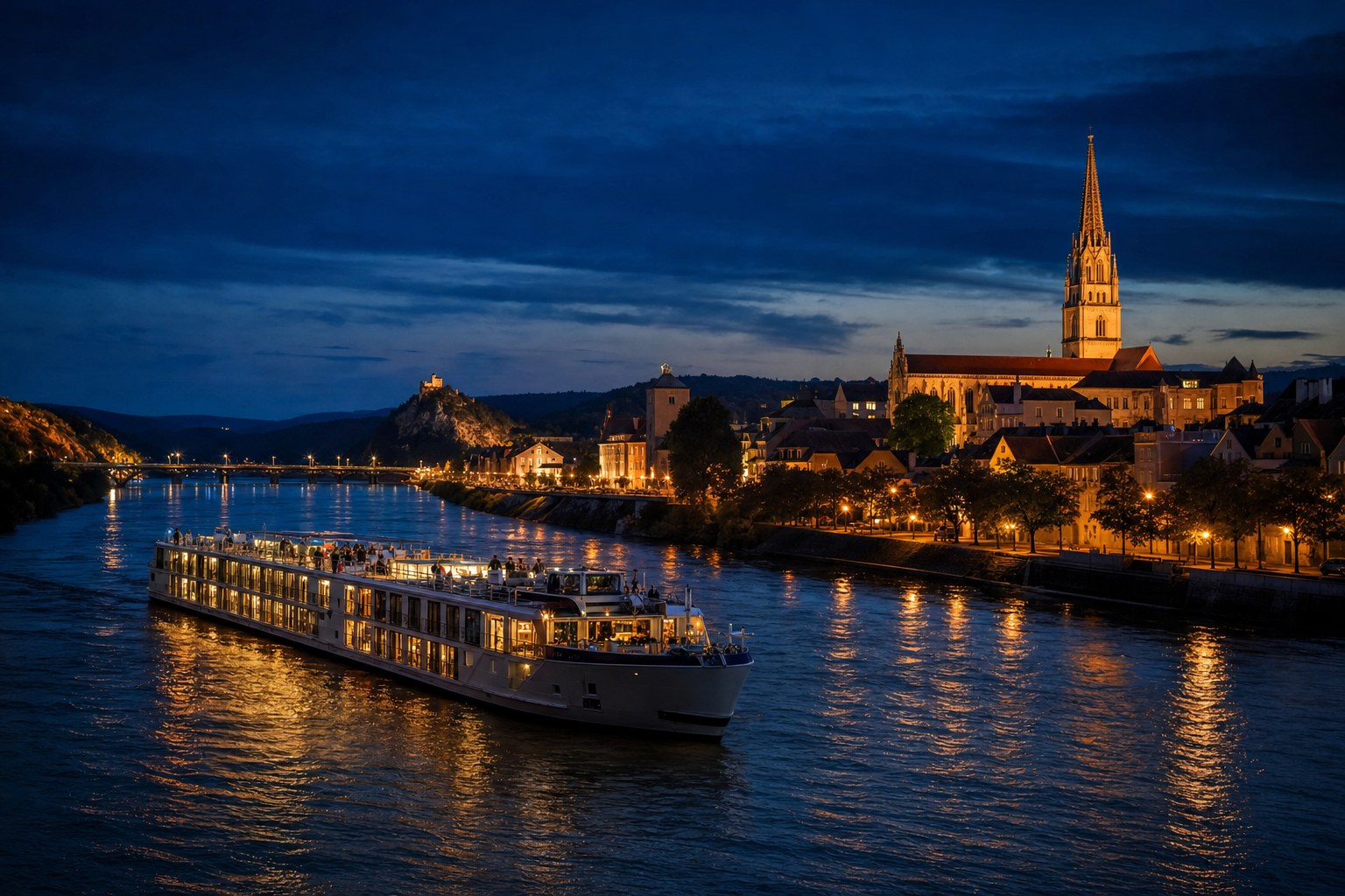 European river ship sailing past a softly lit historic town at blue hour