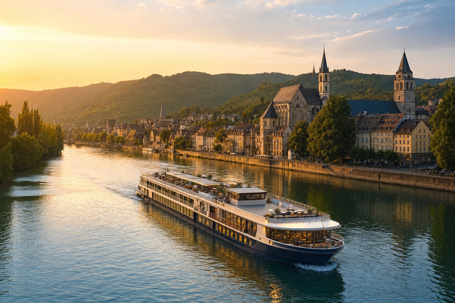 An elegant river cruise ship sailing past a historic European town