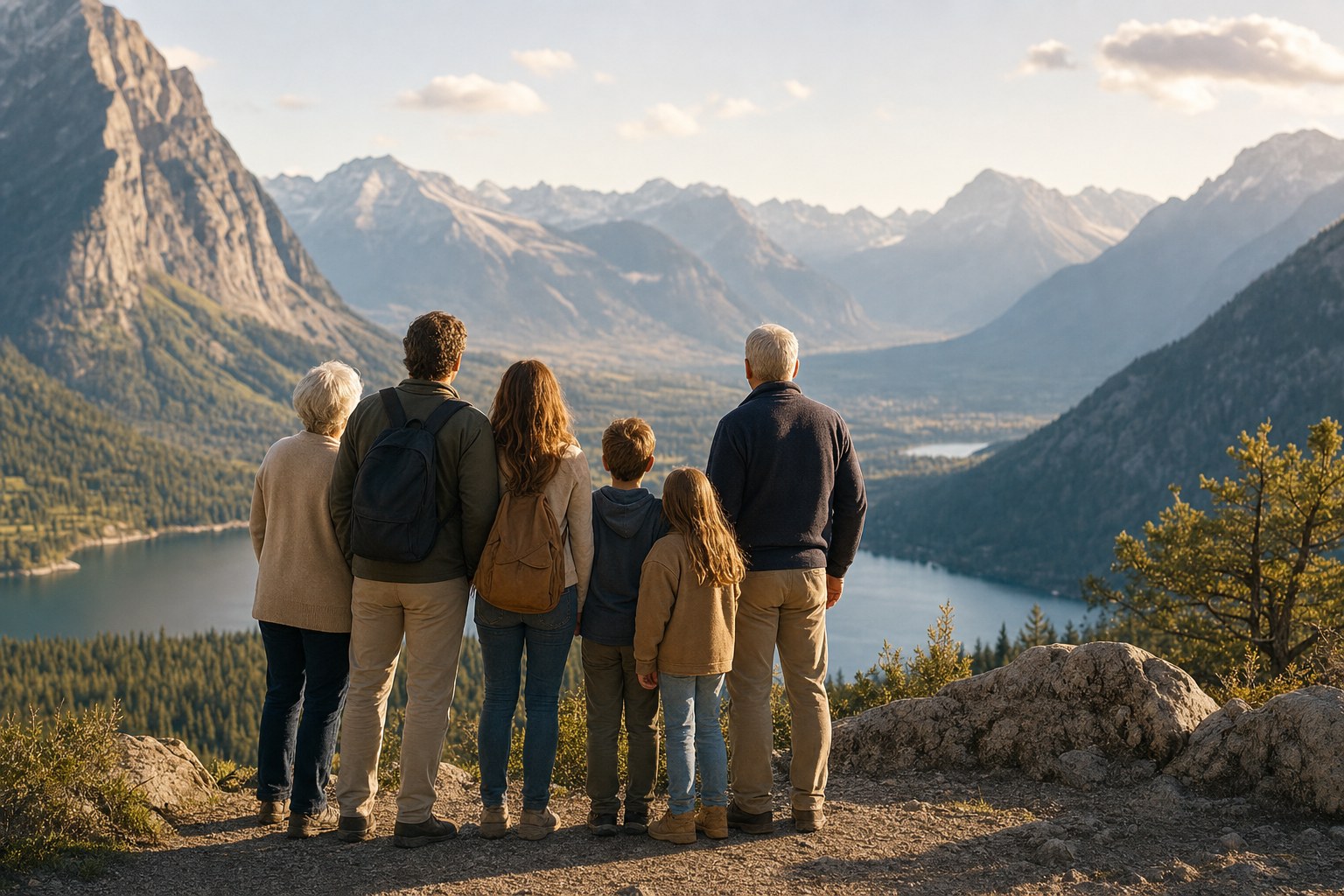 Family standing together at an alpine lake