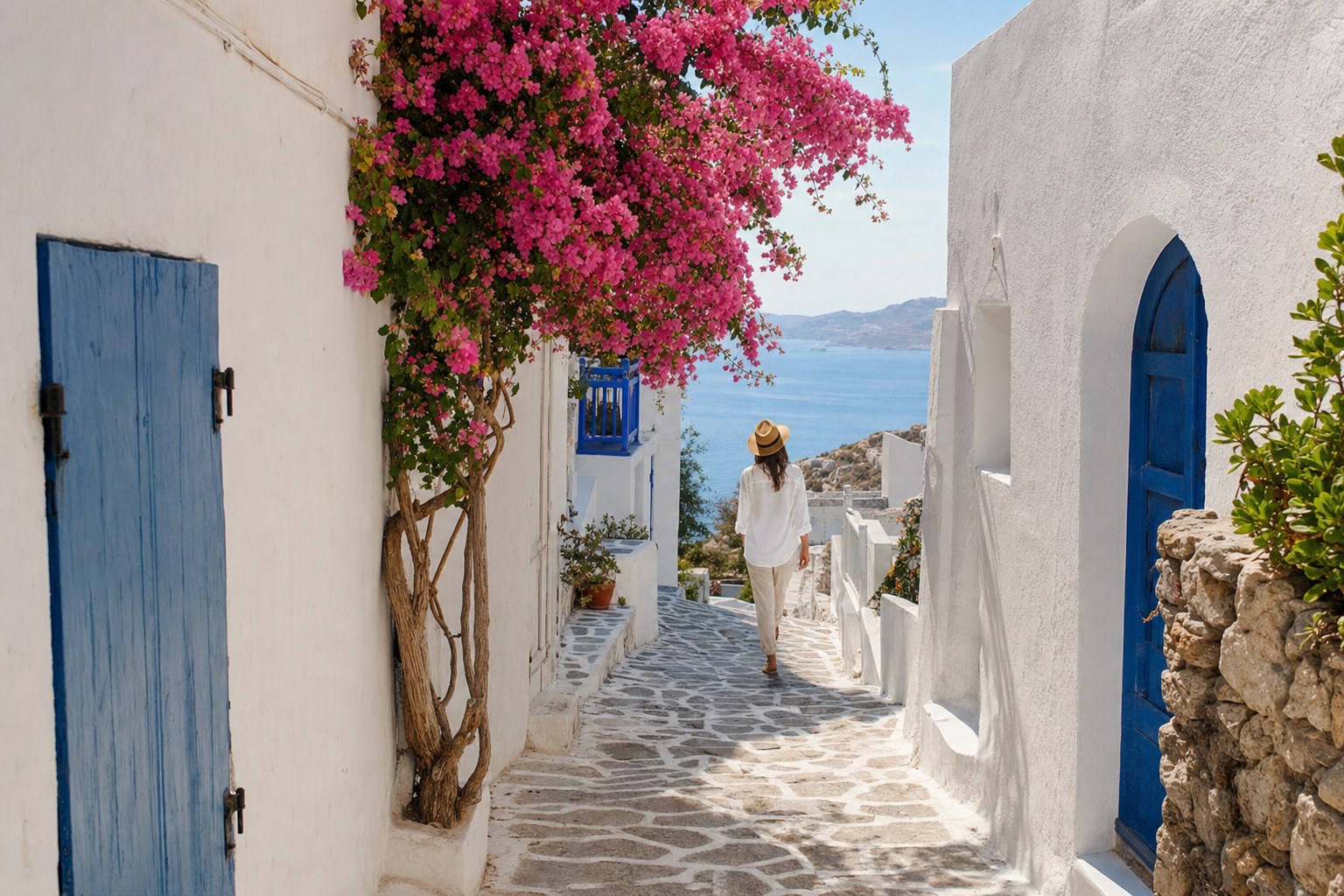 A whitewashed Greek lane looking toward the sea