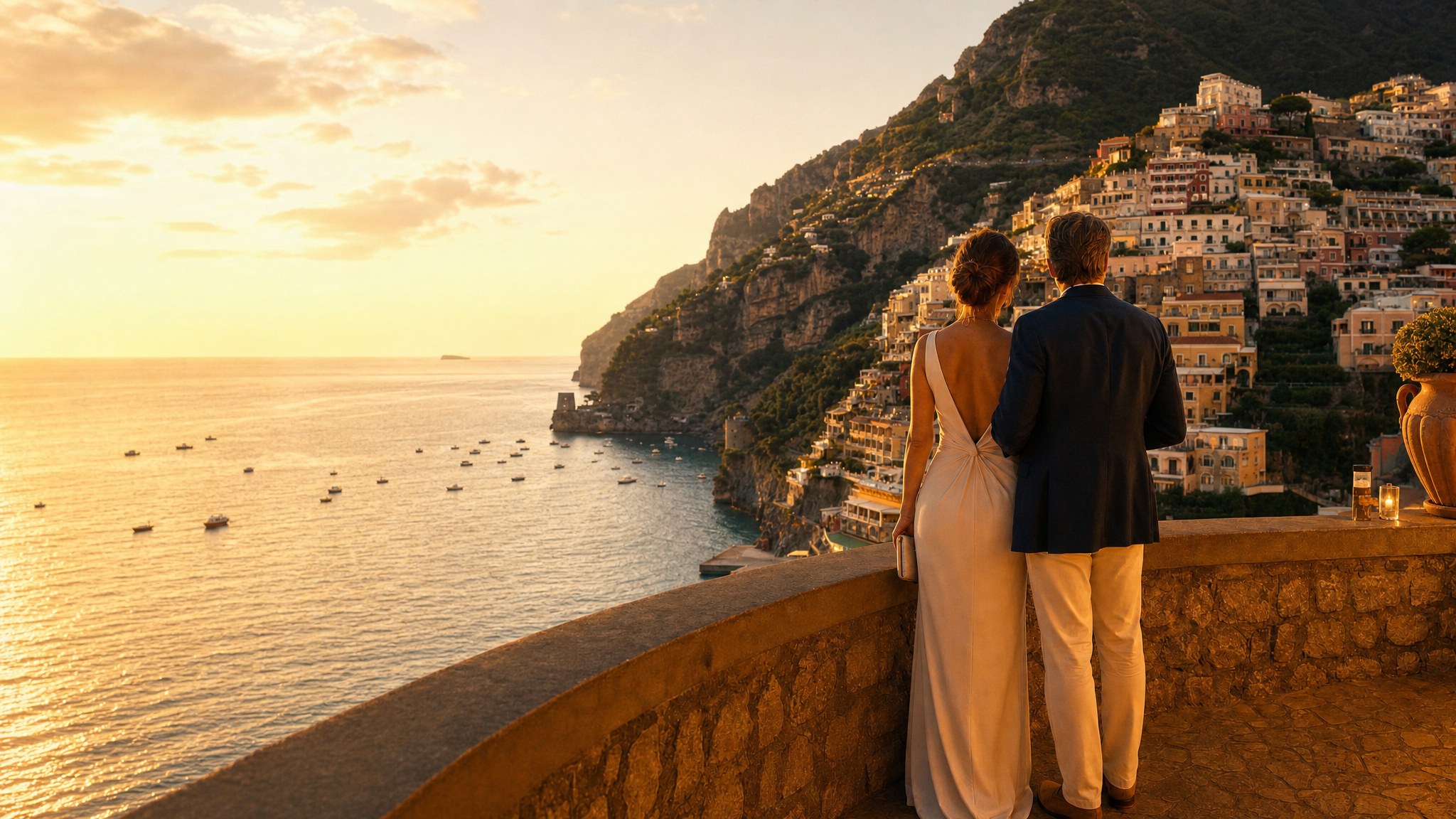 A couple overlooking Positano in golden-hour light