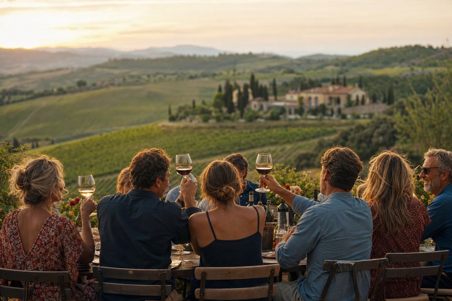 Friends enjoying a meal at a Tuscan vineyard