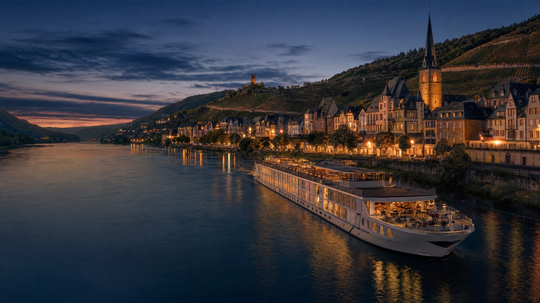 A European river cruise ship sailing past a village at blue hour