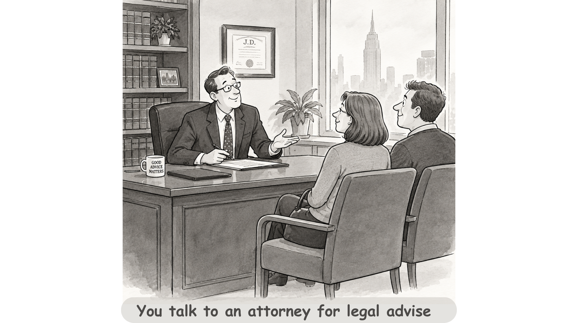 Illustration of a couple consulting an attorney