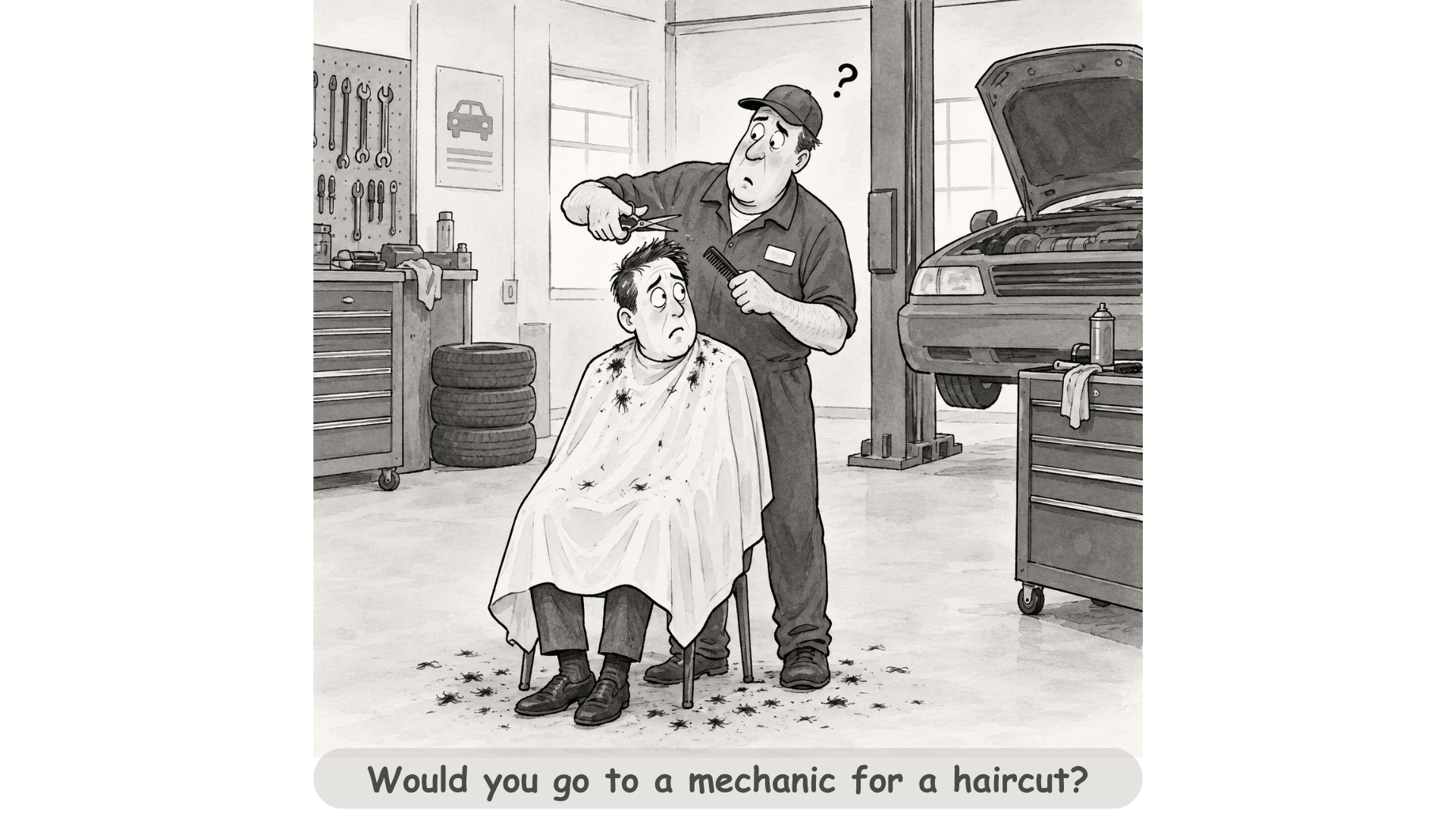 Illustration of a man receiving a haircut from a mechanic