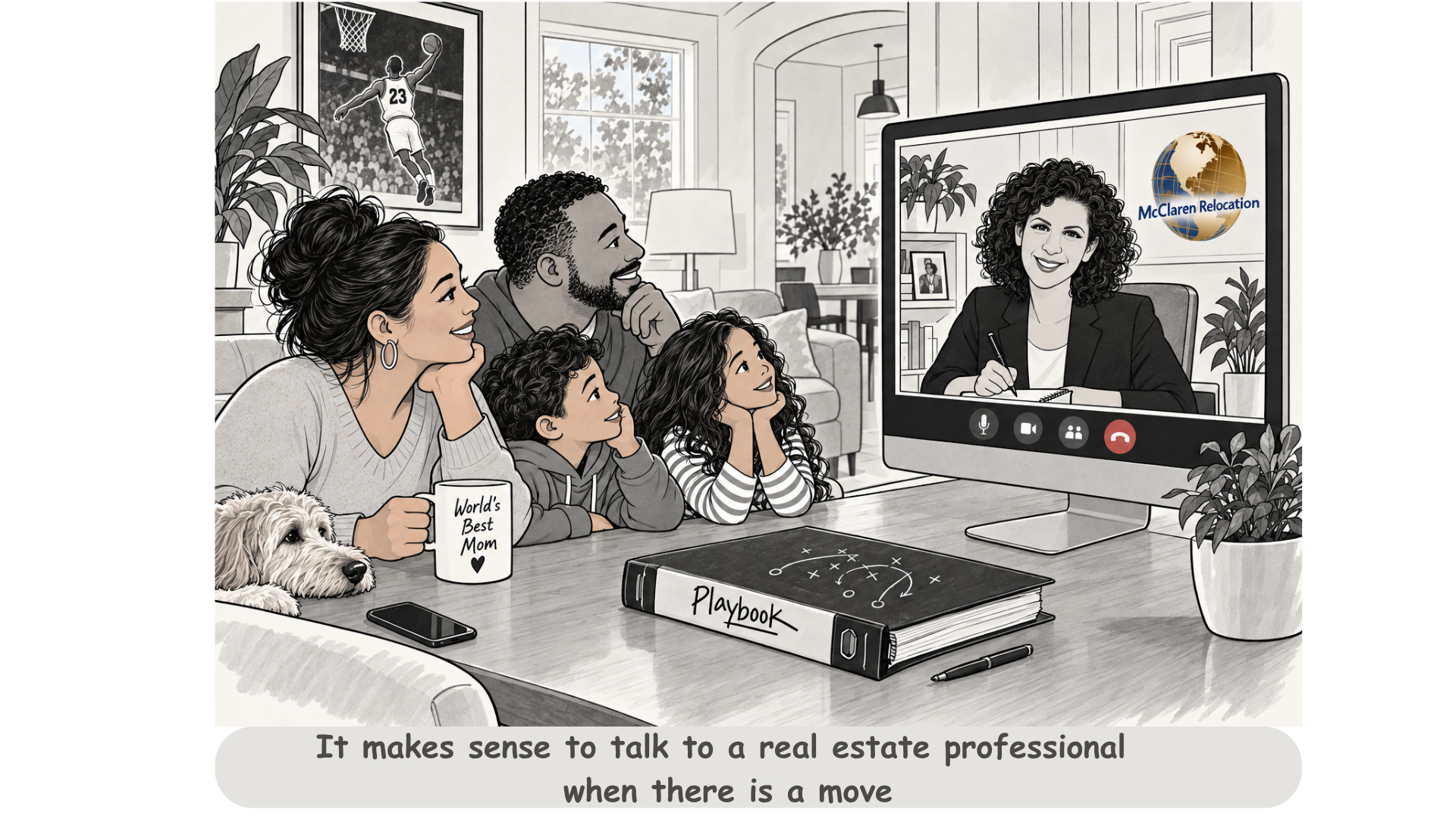 Illustration of a family meeting virtually with a real estate professional